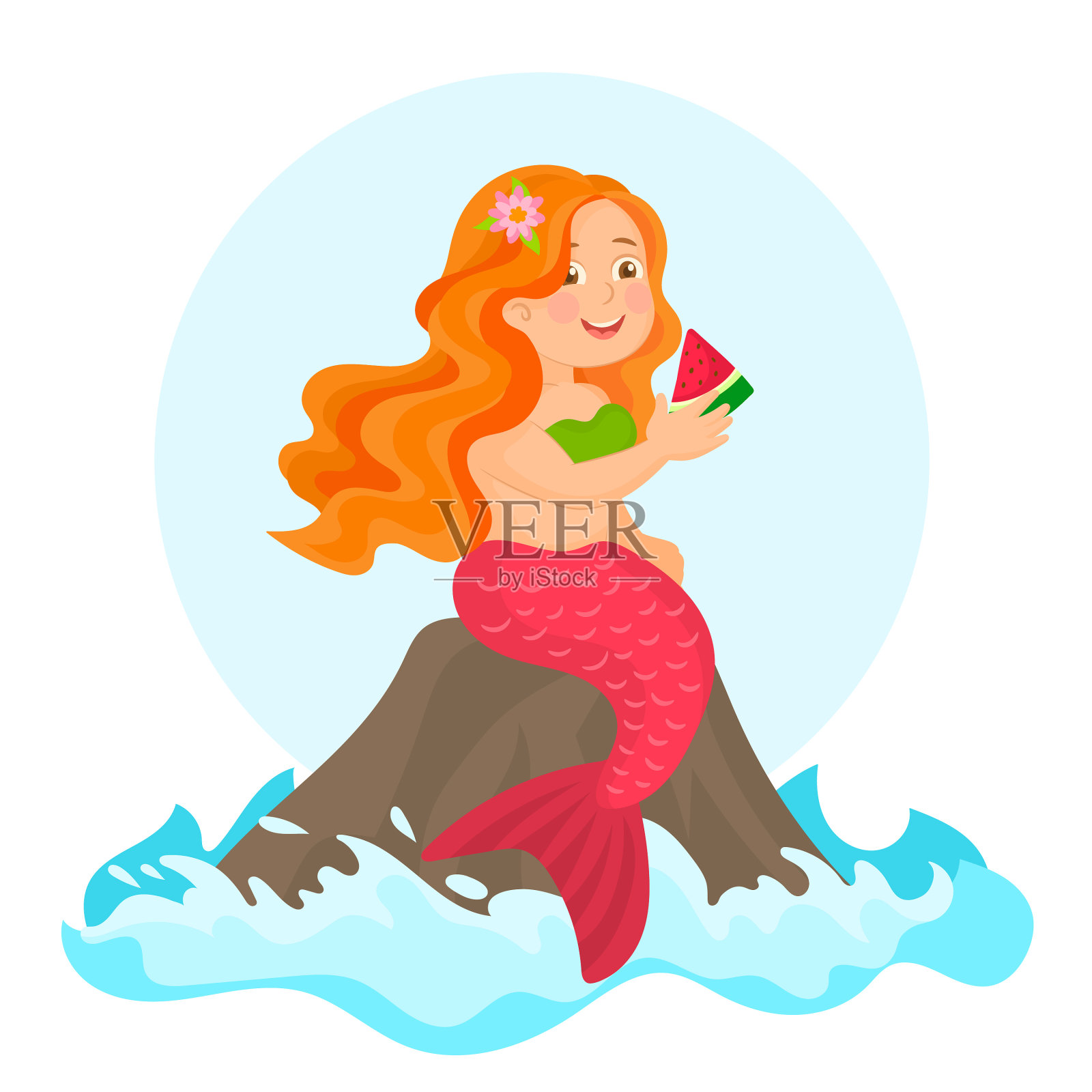 美人鱼坐在一块石头上吃西瓜插画图片素材