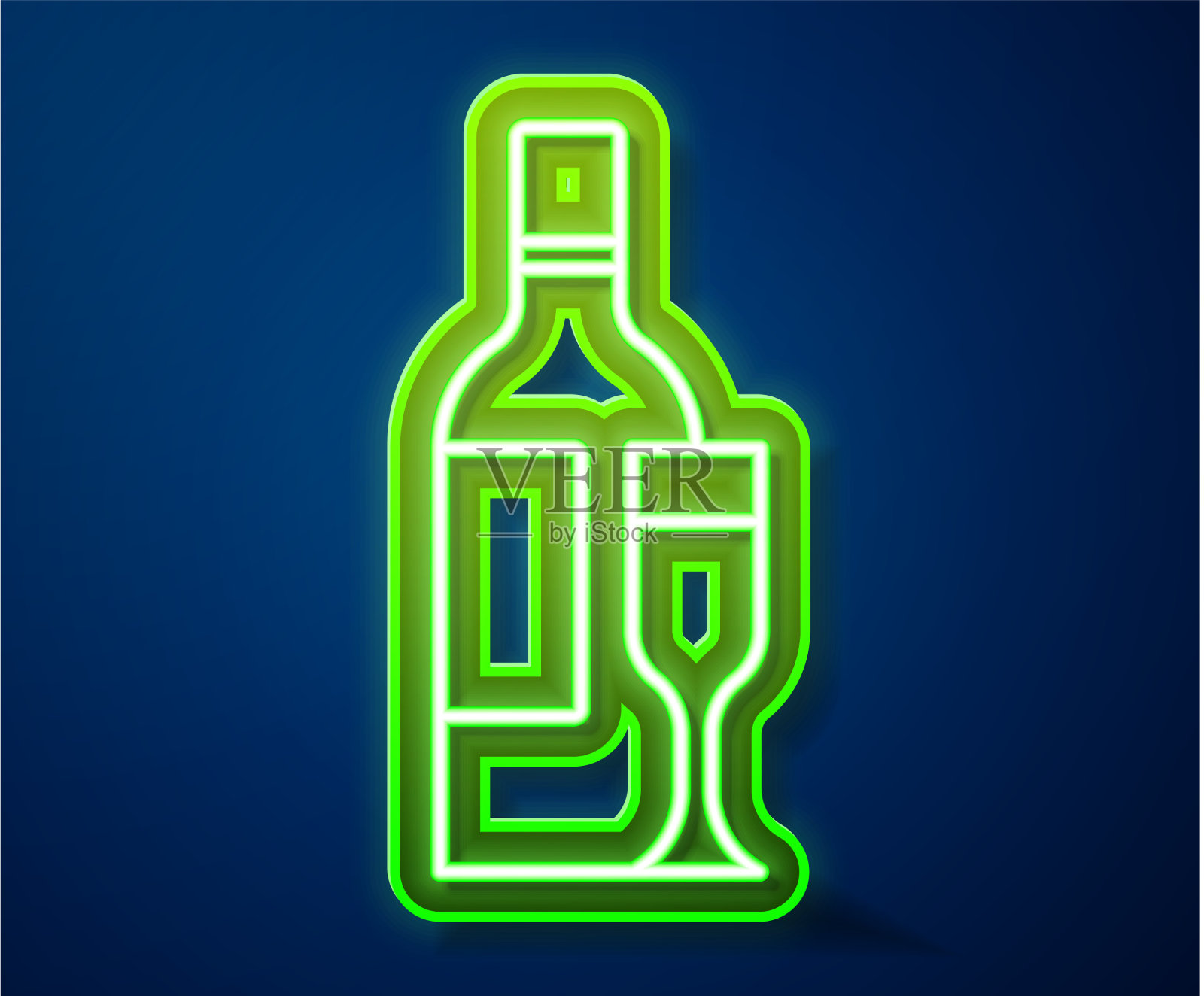 发光的霓虹灯线香槟瓶与玻璃图标插画图片素材