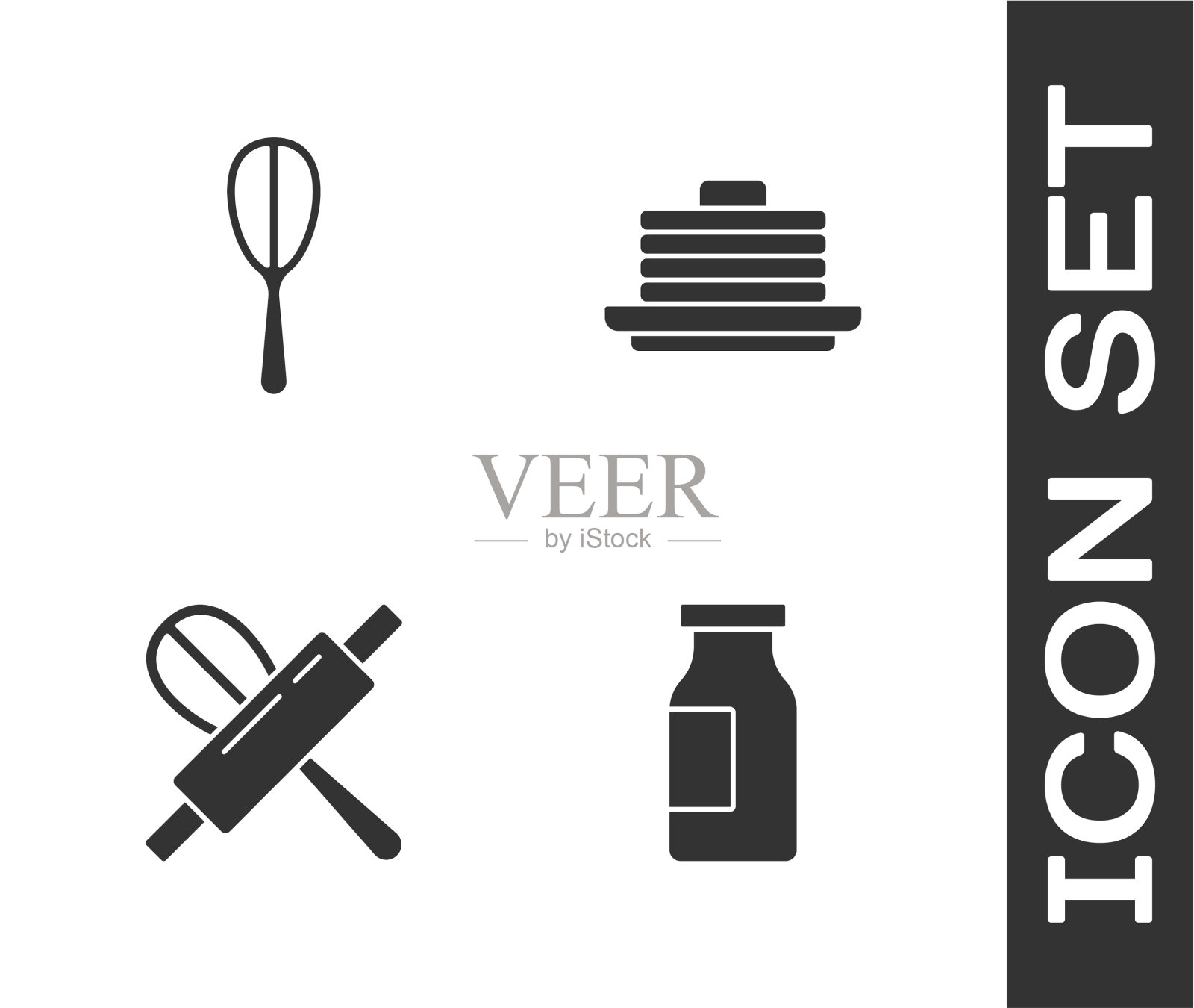 将牛奶瓶与厨房搅拌器和滚动图标素材