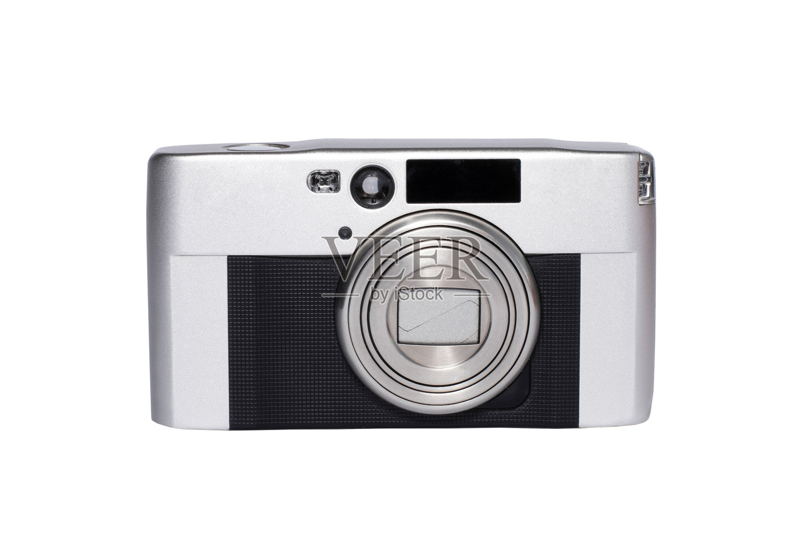 在白色孤立背景上的银色旧胶片照相机照片摄影图片