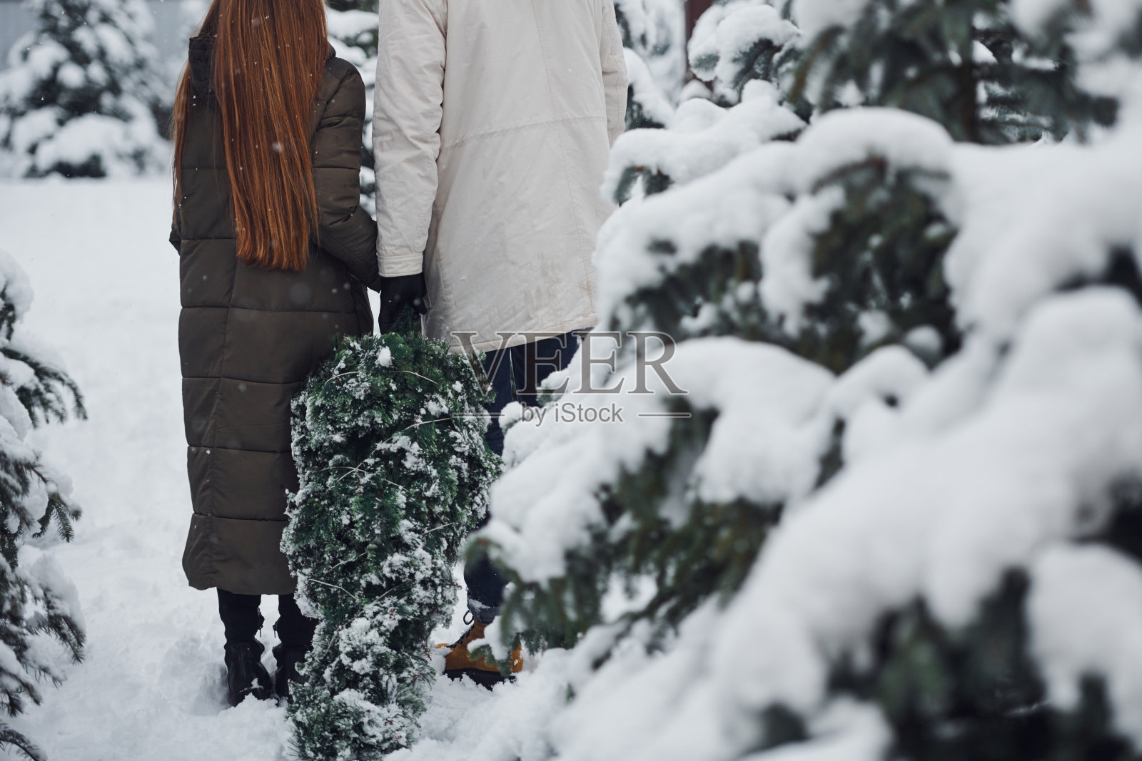 一对年轻夫妇带着新圣诞树在户外庆祝节日照片摄影图片