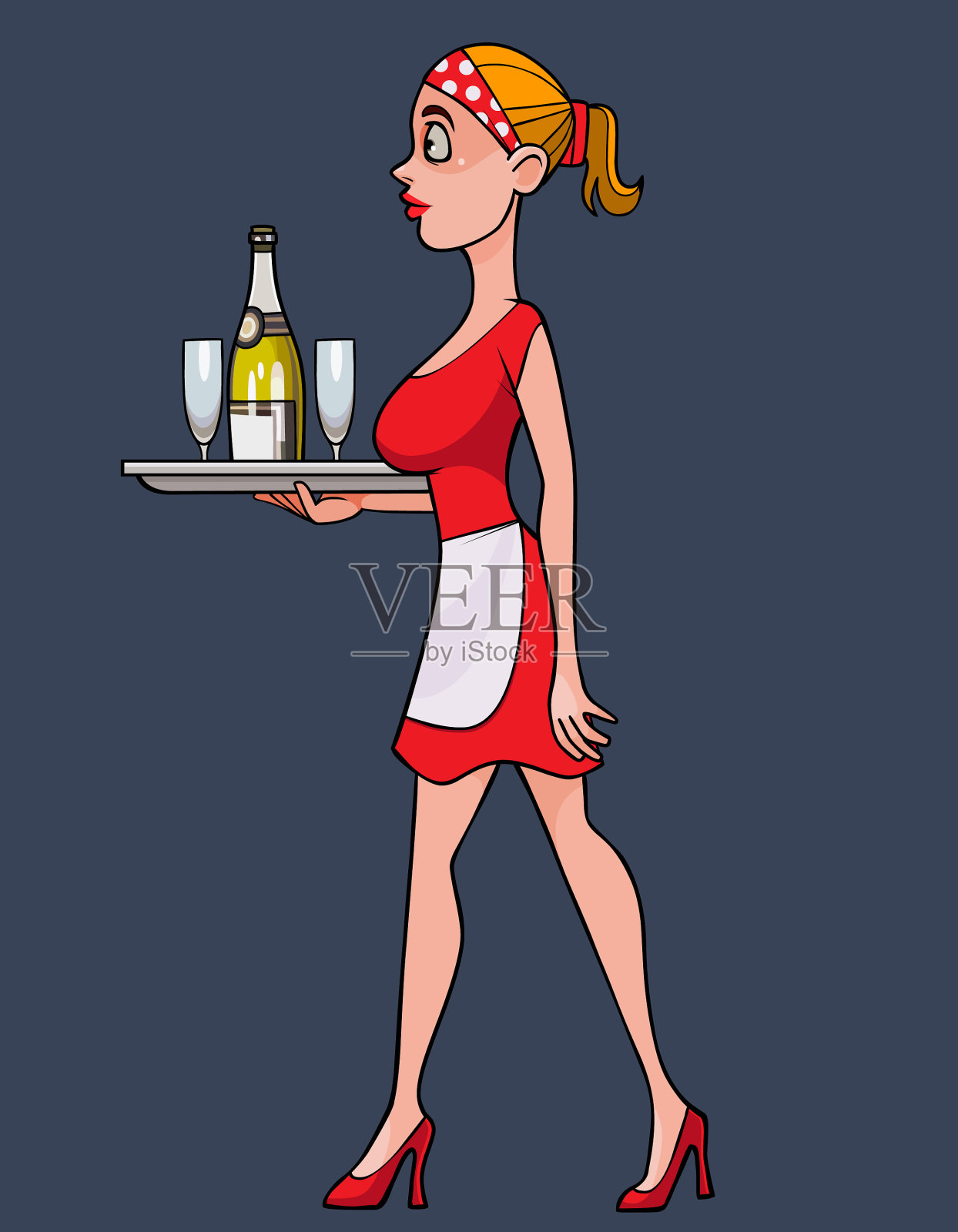 穿着红色女招待衣服的卡通女人与之相呼应插画图片素材