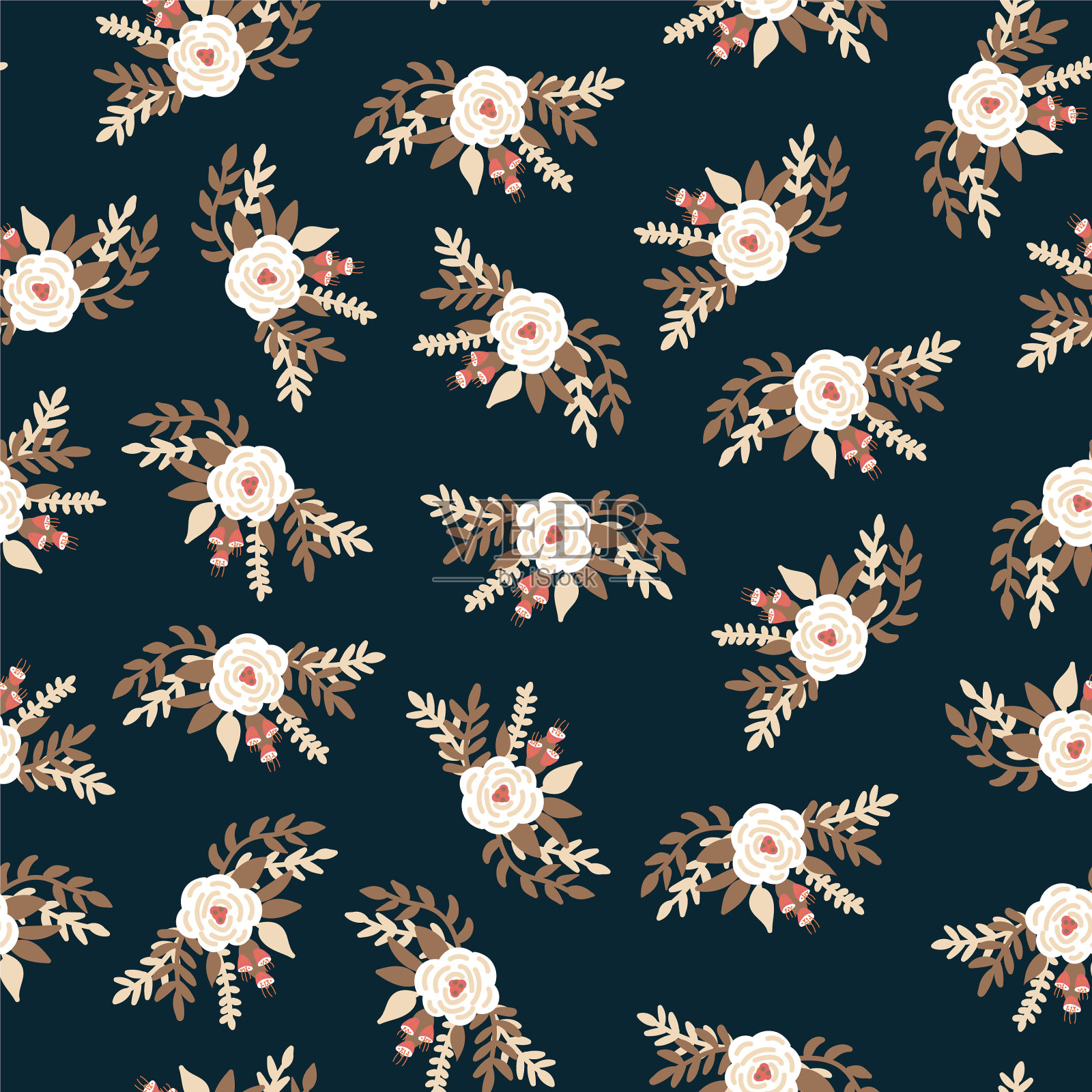 白色的复古花朵配上黑色的玫瑰插画图片素材