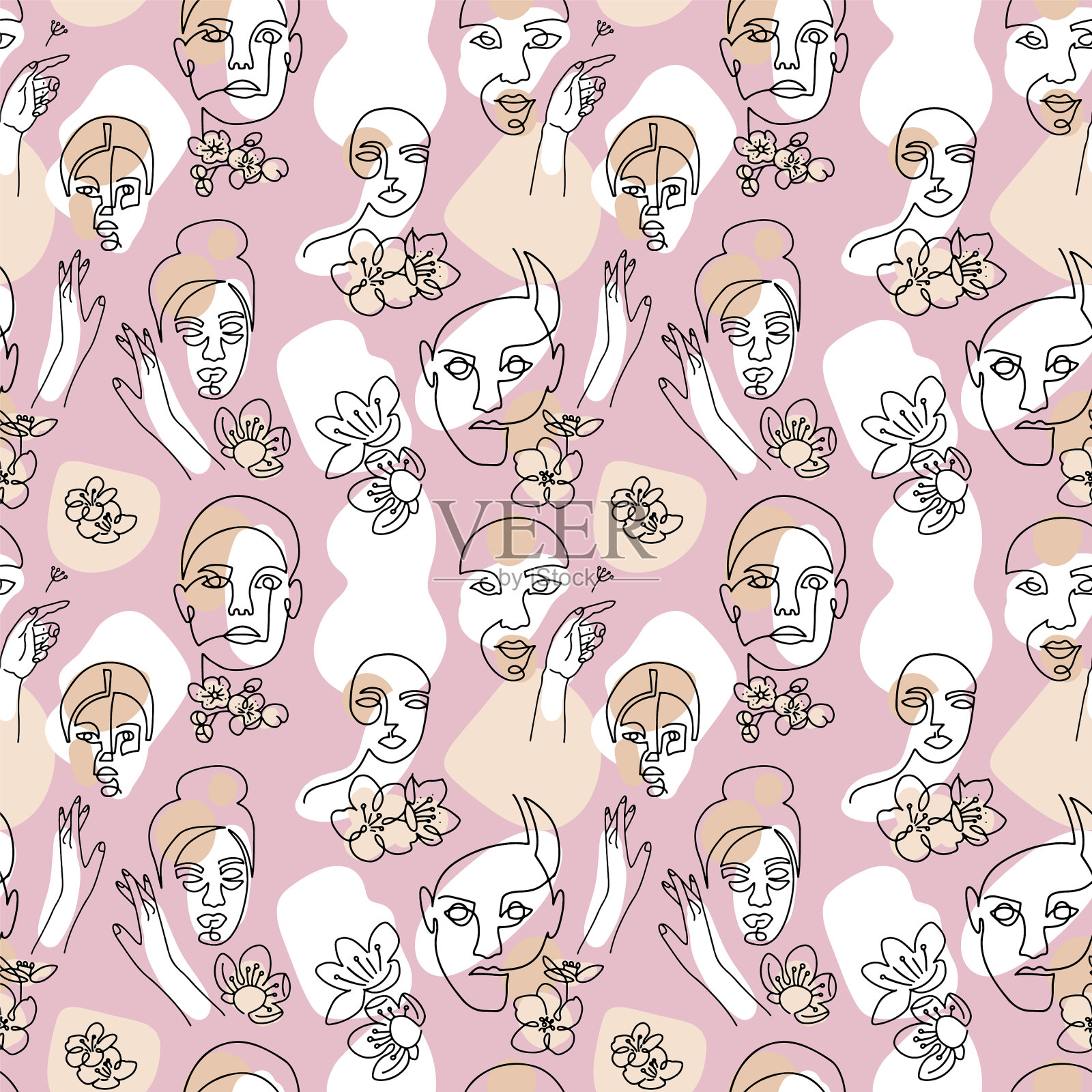 无缝图案与女人的脸樱花插画图片素材