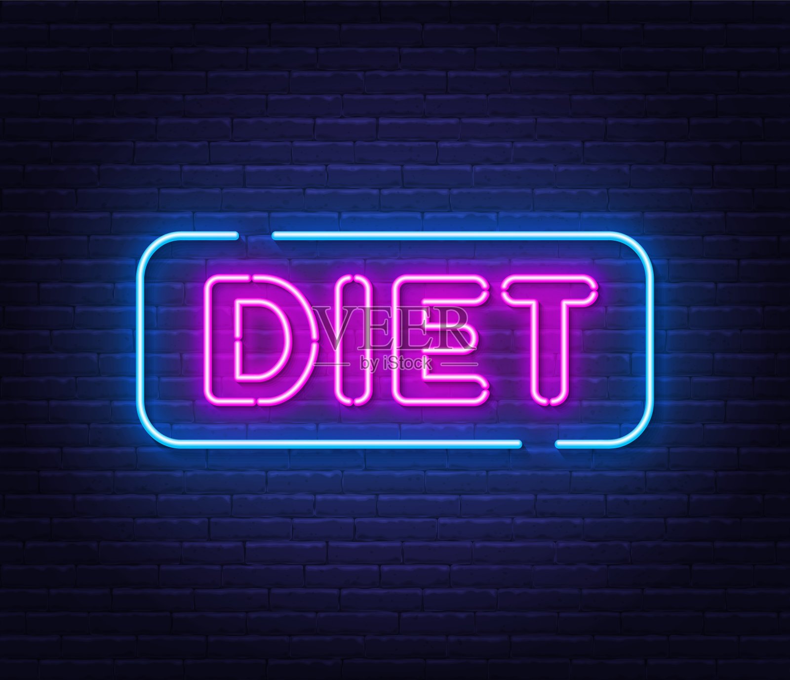 饮食霓虹灯招牌以砖墙为背景。插画图片素材