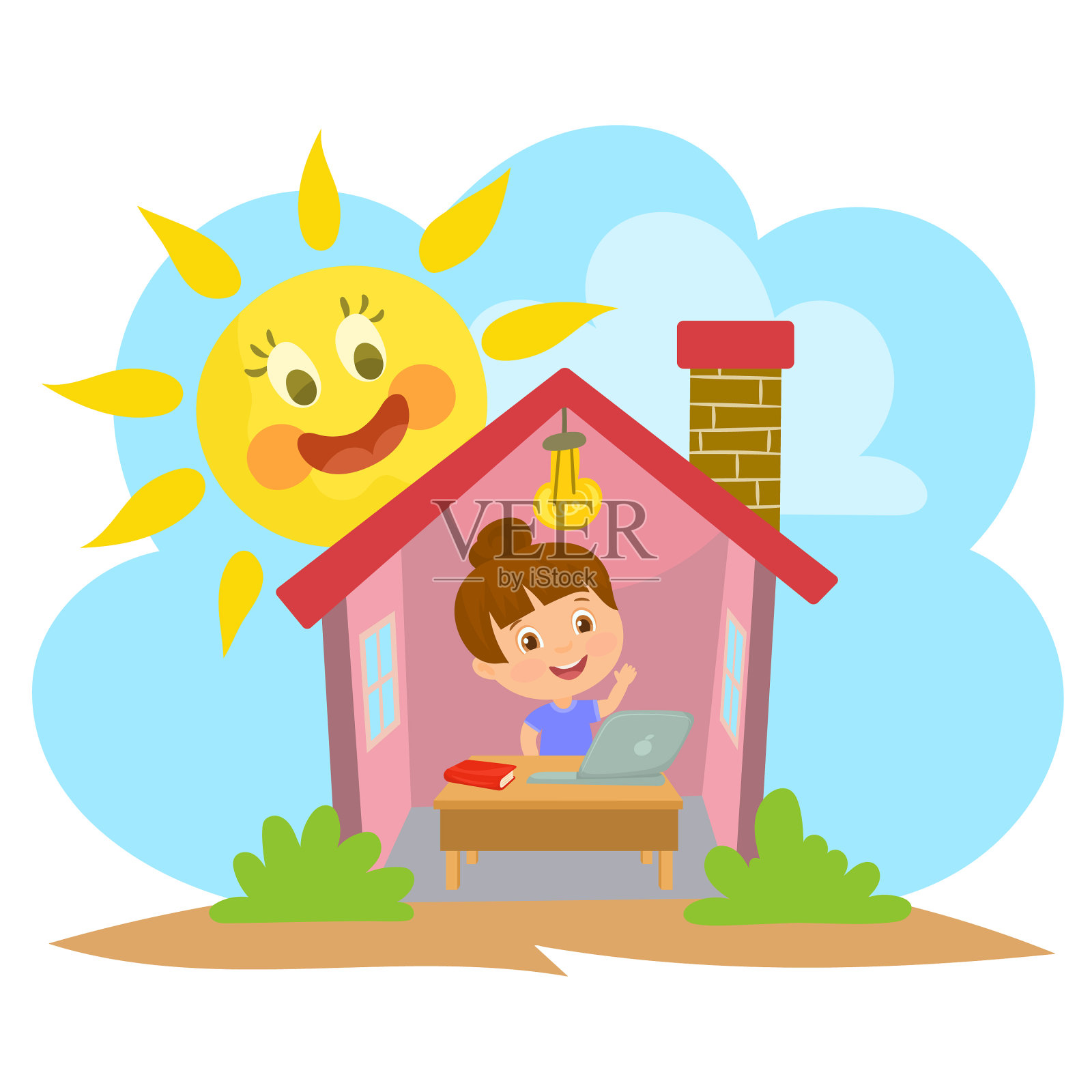 一个女孩在家里用电脑学习插画图片素材