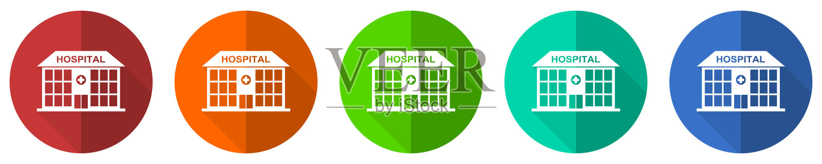 医院大楼图标设置，红色，蓝色，绿色和橙色平面设计网页按钮隔离在白色背景，矢量插图插画图片素材