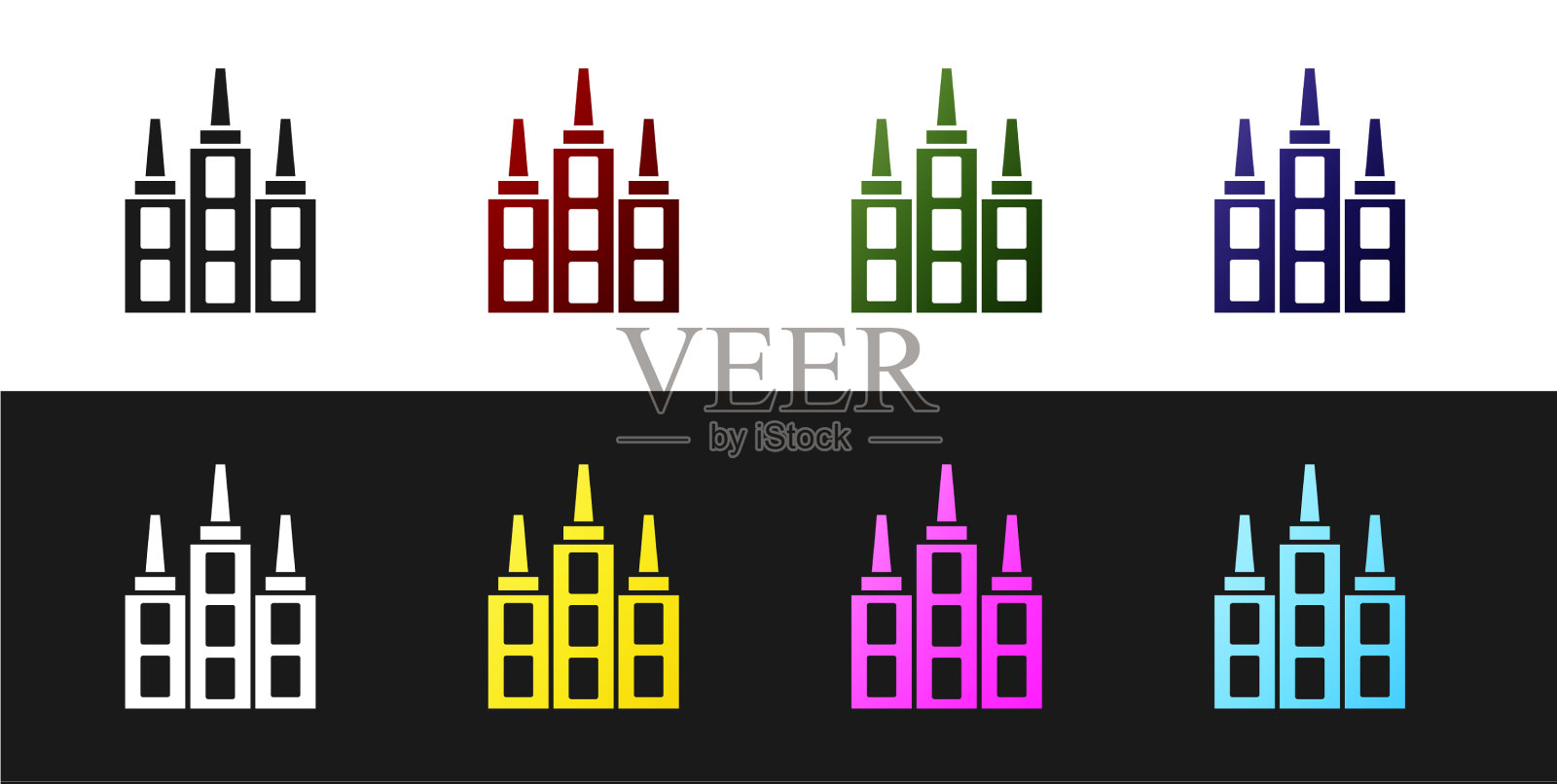 设置摩天大楼图标孤立的黑色和白色图标素材