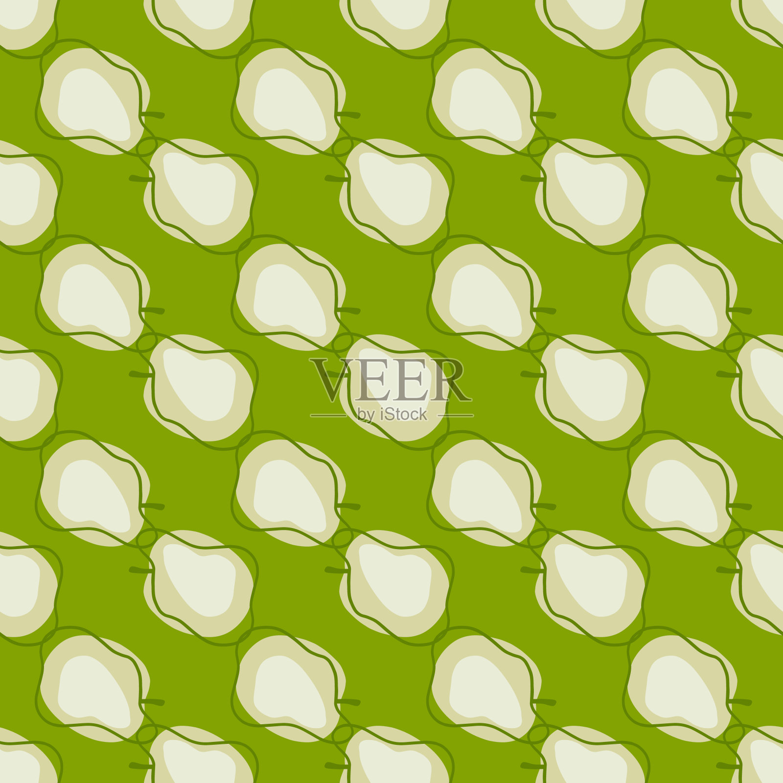 抽象水果无缝图案与轮廓灰色苹果形状。绿色明亮的背景。新鲜的打印。插画图片素材