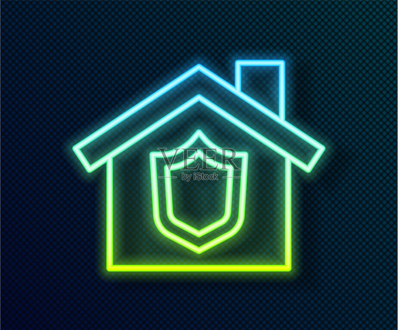 发光的霓虹灯线房子与盾牌图标隔离插画图片素材