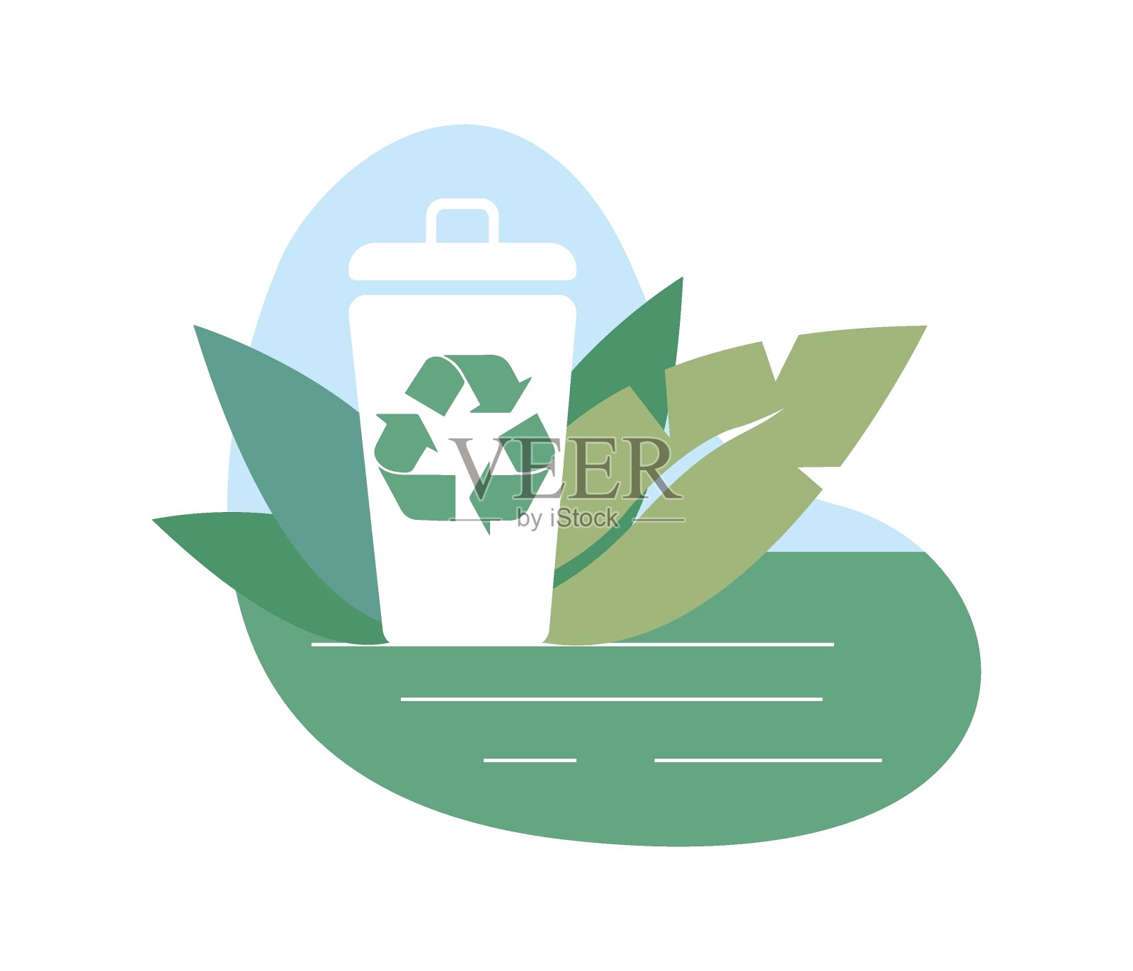 可回收的绿色垃圾桶。塑料，纸，灯，电池，玻璃，有机垃圾桶。废物回收管理理念为生物、生态、环保。矢量图插画图片素材