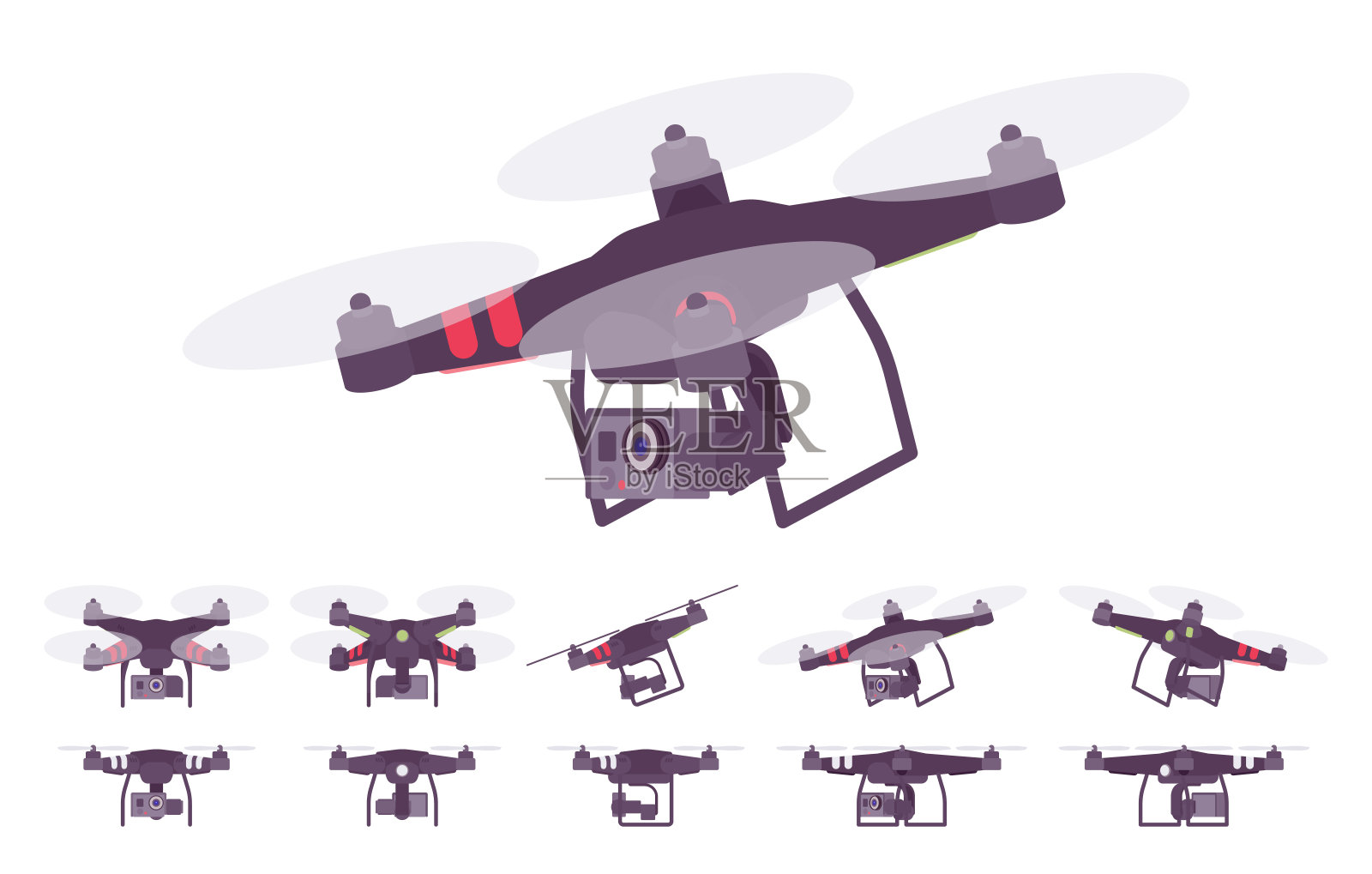 四旋翼直升机，有四个旋翼的无人直升机，摄像机插画图片素材