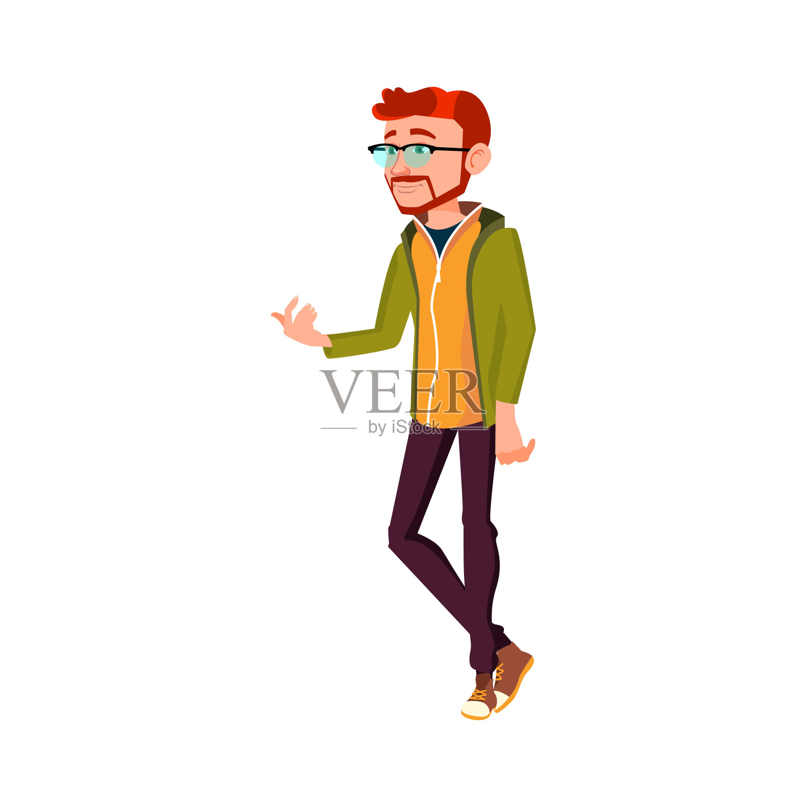 年轻的红发男走在卡通大街上插画图片素材