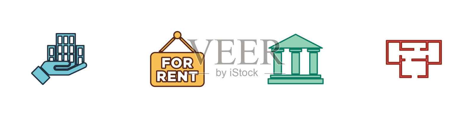 设摩天大楼悬挂标志与供出租博物馆图标素材