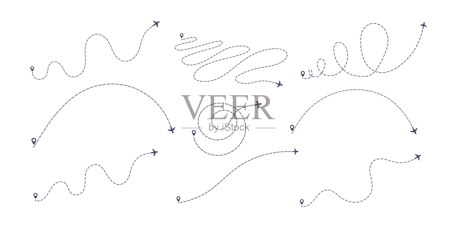 飞机虚线路径平坦风格设计矢量插图设置孤立的白色背景。插画图片素材