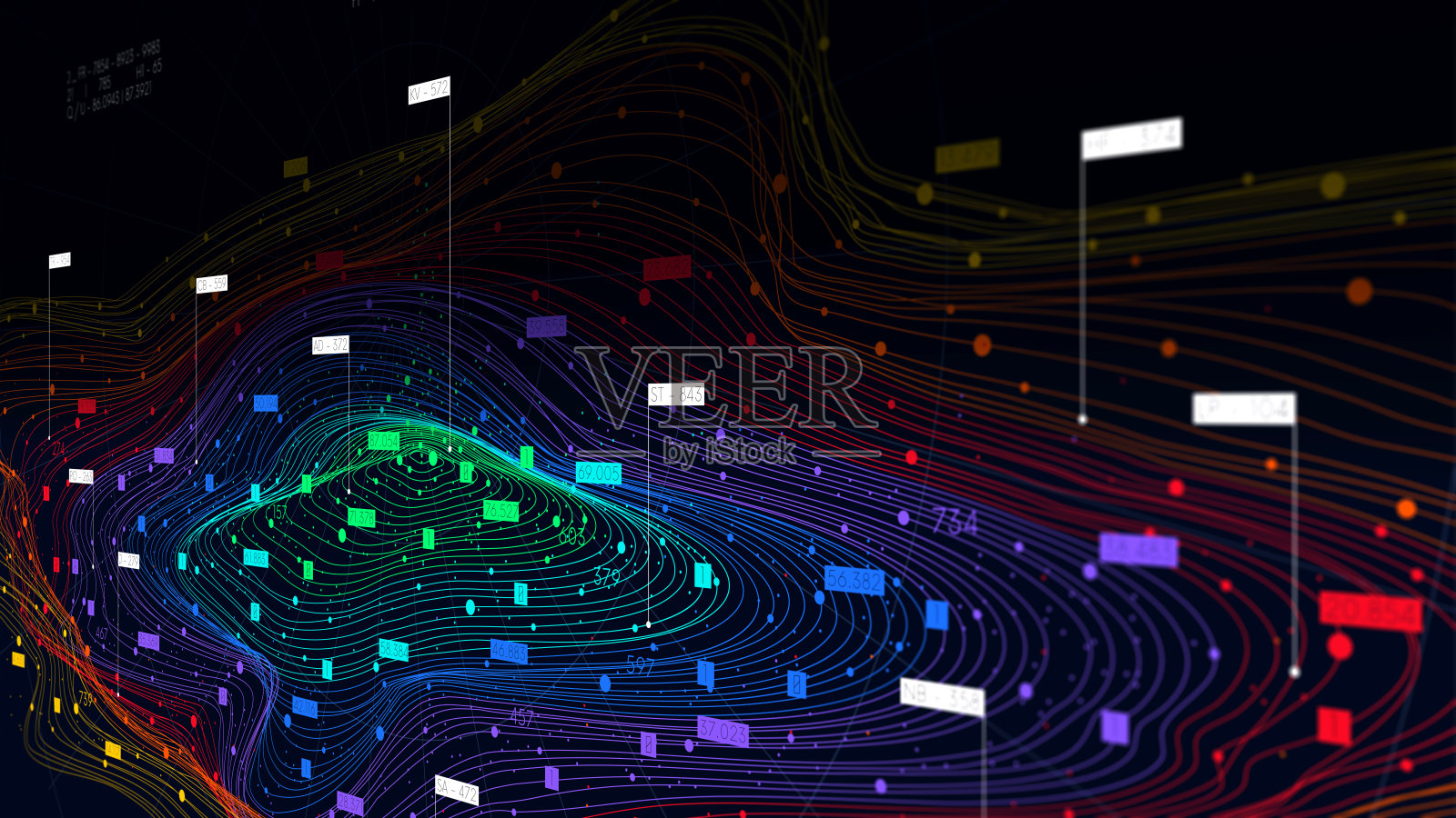 未来大数据数字云可视化，信息分类存储技术，色彩结构神经网络，透视监控屏幕插画图片素材