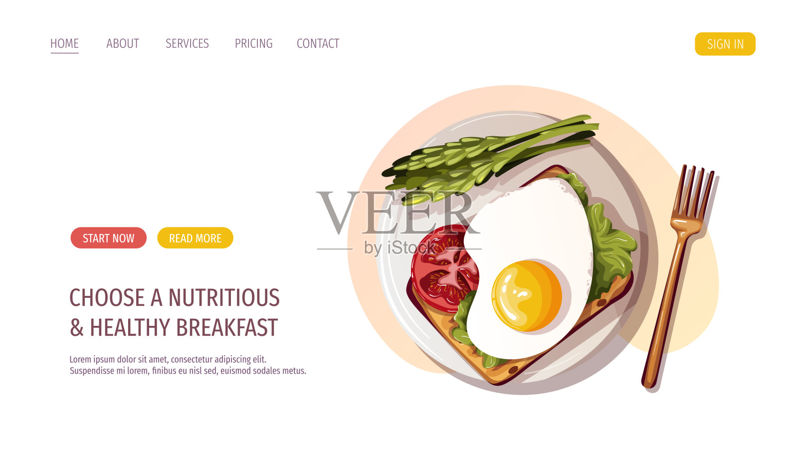 吐司配煎蛋卷，西红柿，芦笋，沙拉。健康饮食，营养，饮食，烹饪，早餐菜单，新鲜食物概念。插画图片素材