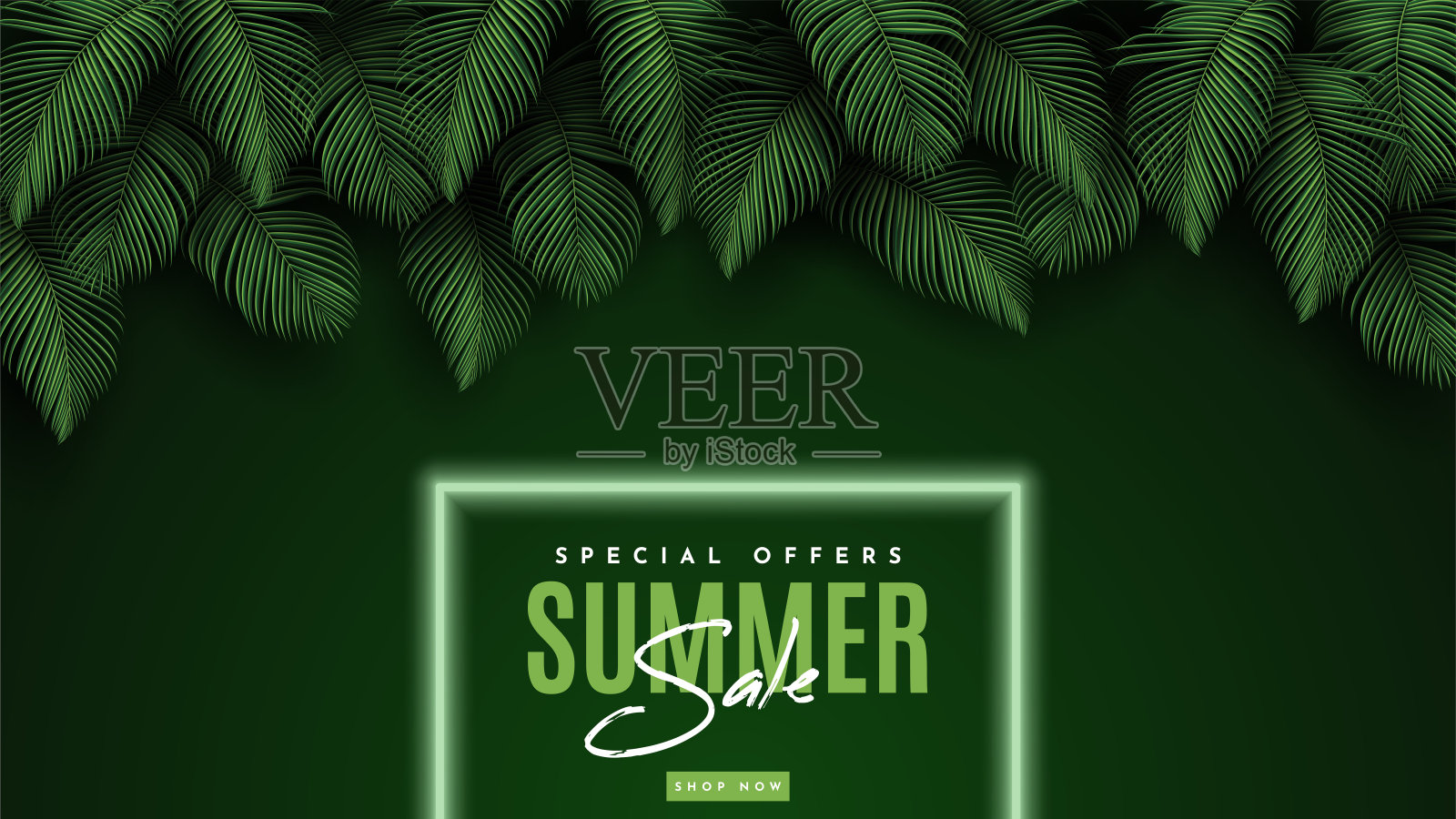 以热带树叶为背景的夏季销售旗帜。矢量图设计模板素材