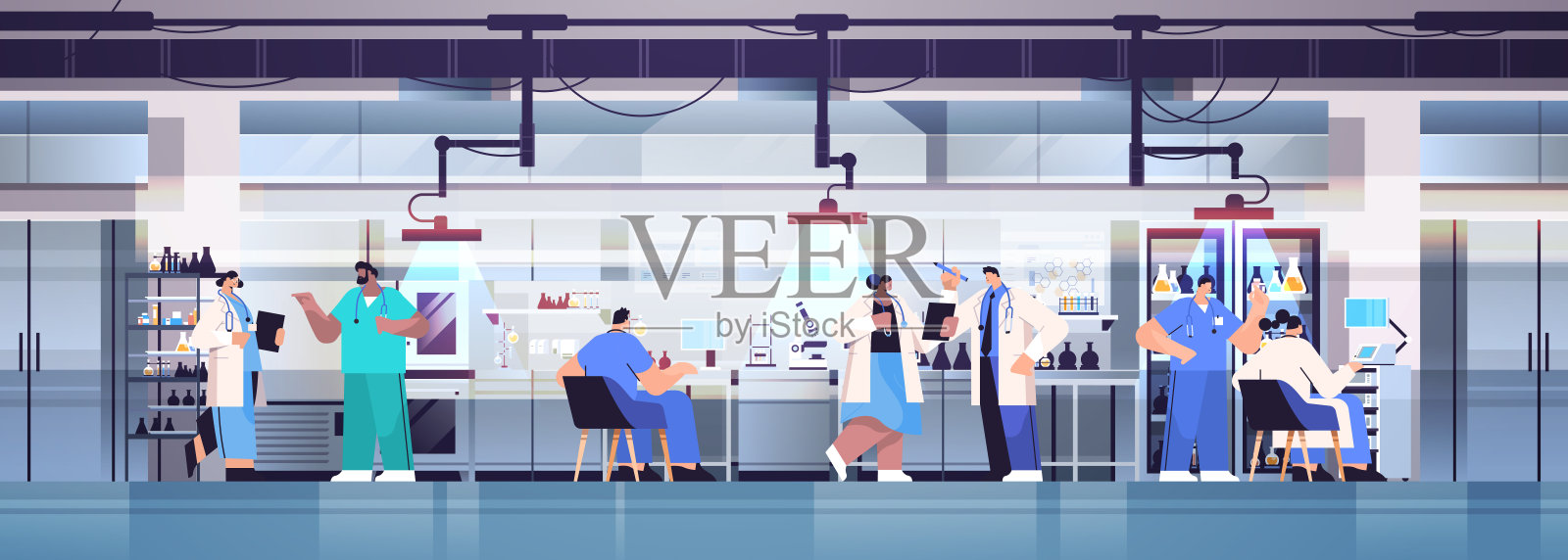 混合种族研究科学家团队工作在实验室研究人员在实验室分子化学实验插画图片素材