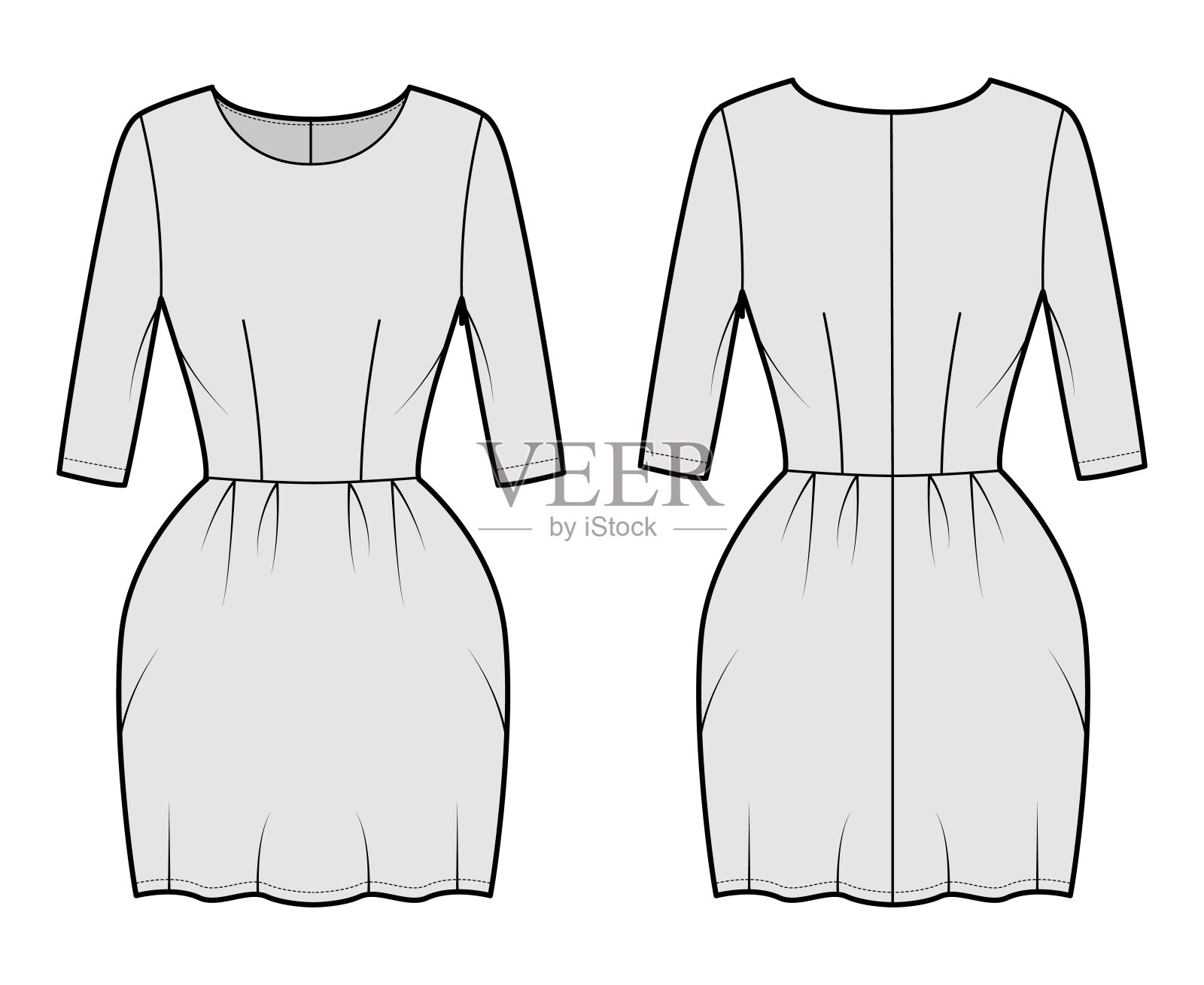 礼服钟技术时尚插图与肘袖，合身的身体，迷你裙长铅笔。平服装方面插画图片素材