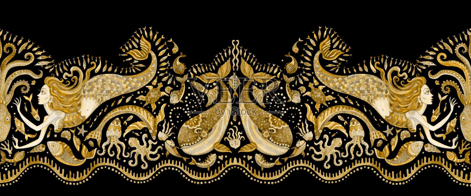 无缝边框图案手绘金色童话海洋动物和美人鱼。水彩幻想鱼，章鱼，珊瑚，海贝壳，泡沫在一个黑色的背景。蜡染流苏，纺织印花插画图片素材