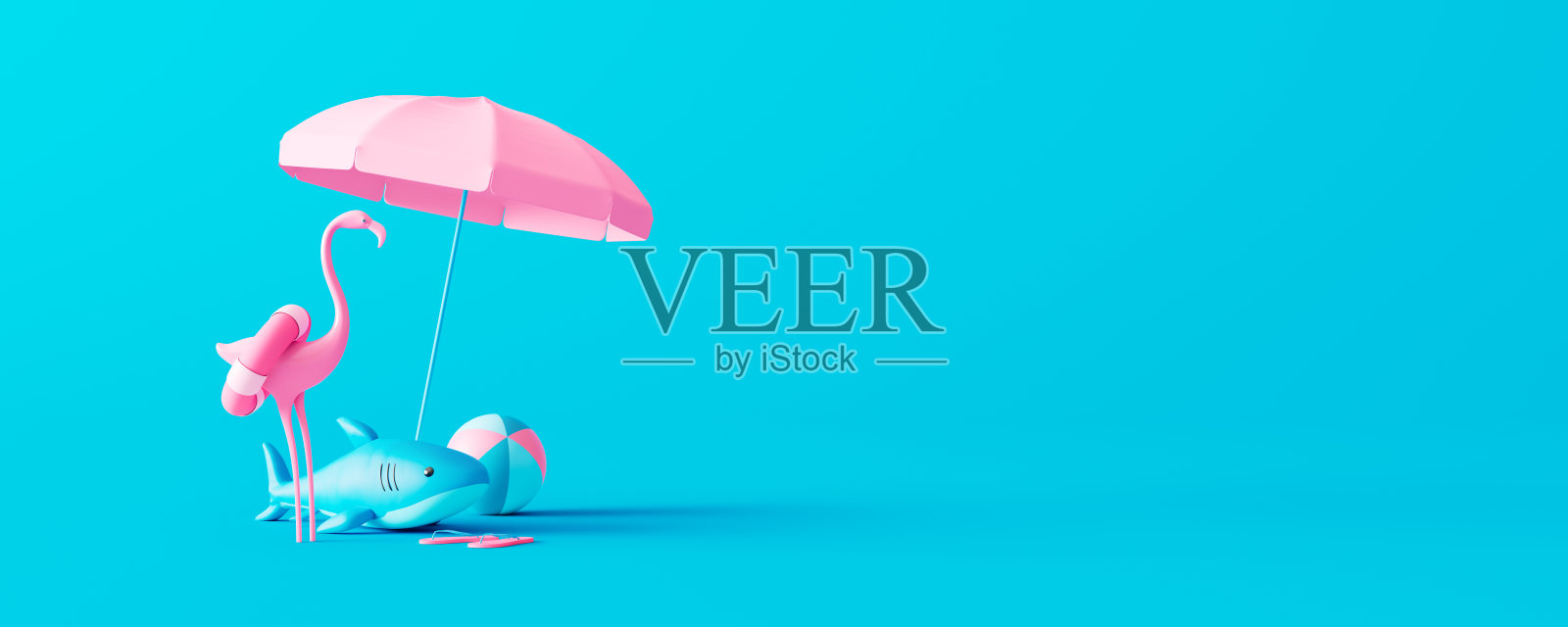 粉色火烈鸟和橡胶鲨鱼与海滩配件在蓝色背景。暑假概念3D渲染照片摄影图片