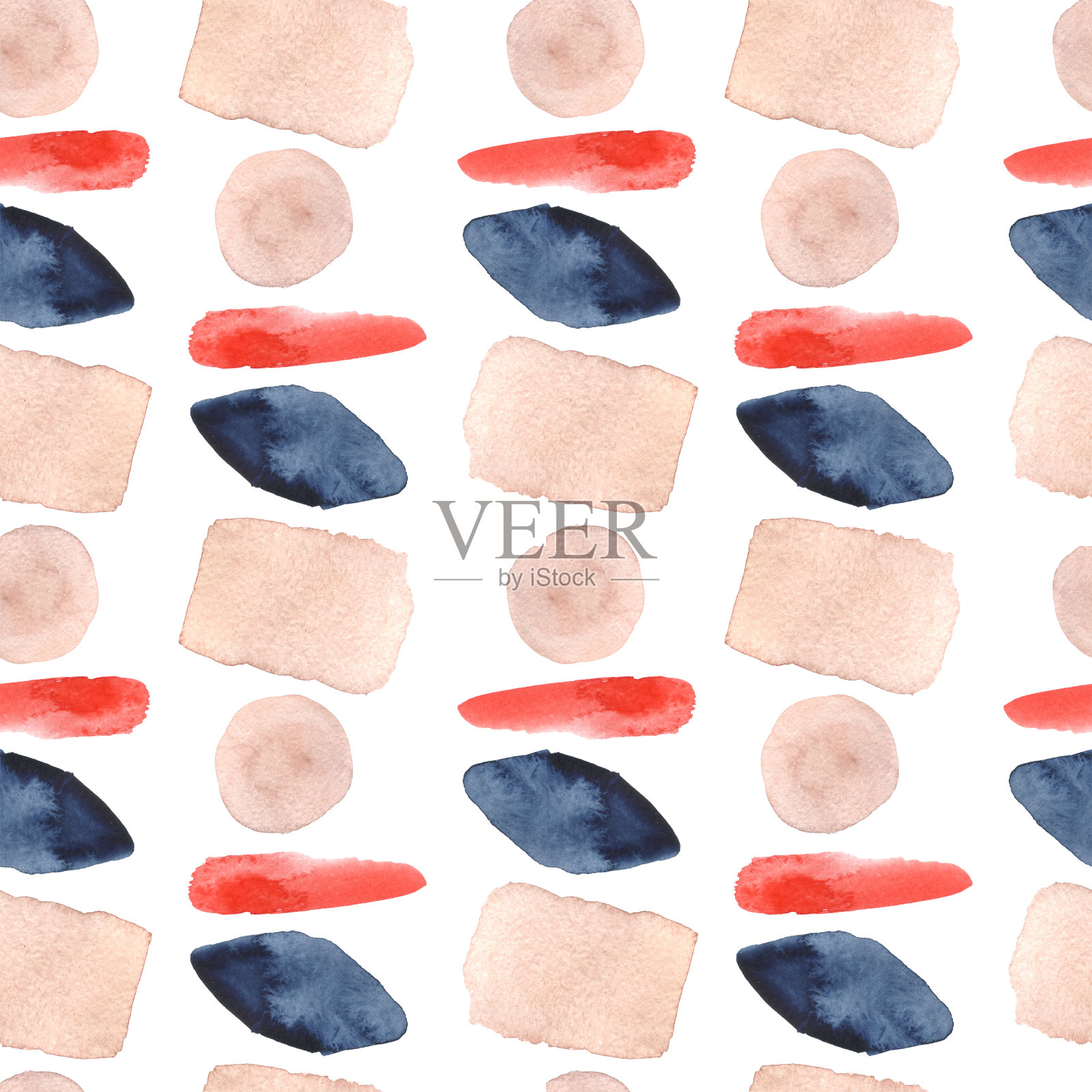 抽象手绘水彩形状在粉红色，蓝色和红色的颜色无缝背景。插画图片素材