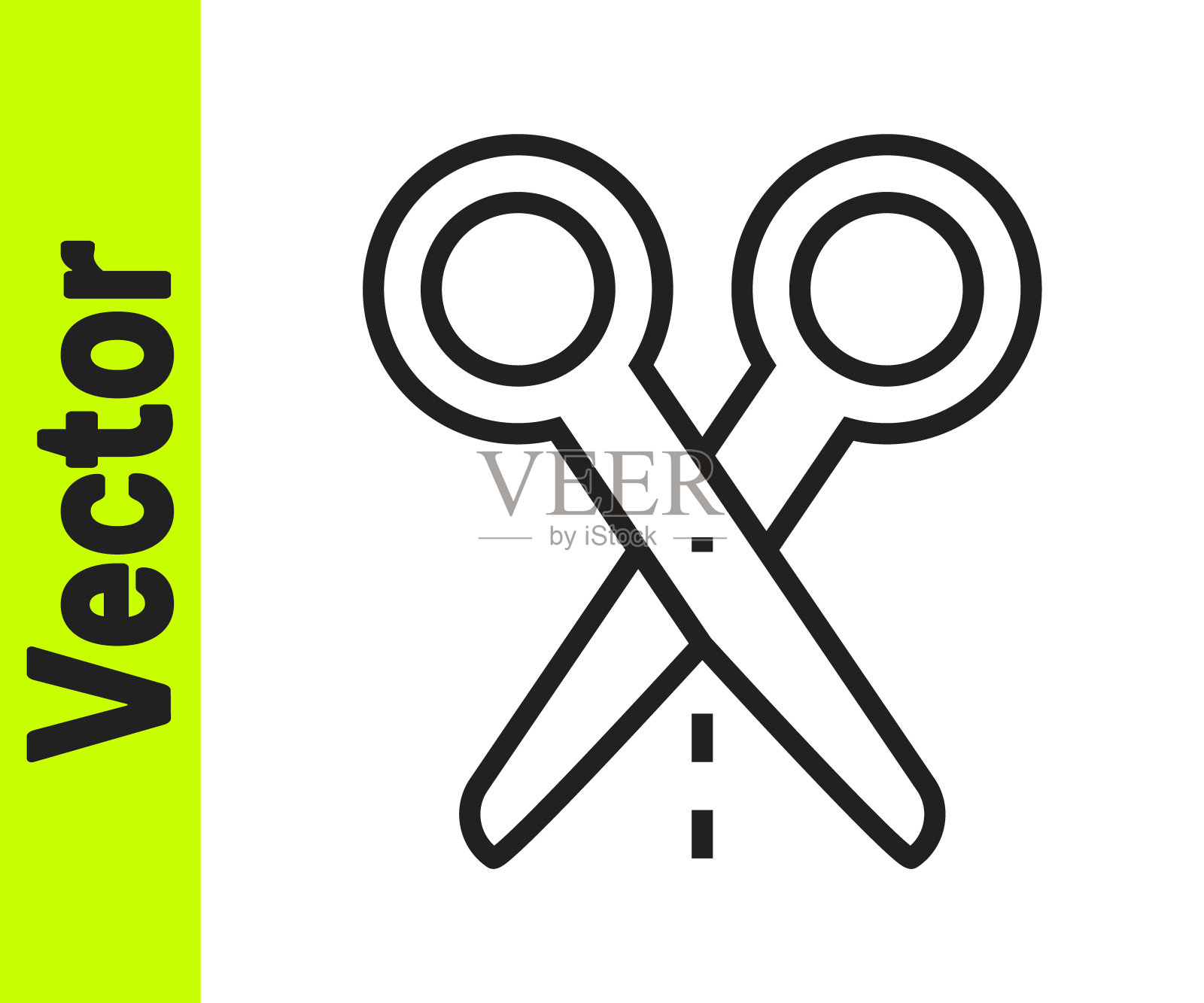 黑色线剪刀与切割线图标隔离在白色背景。裁缝的象征。刀具的迹象。向量插画图片素材