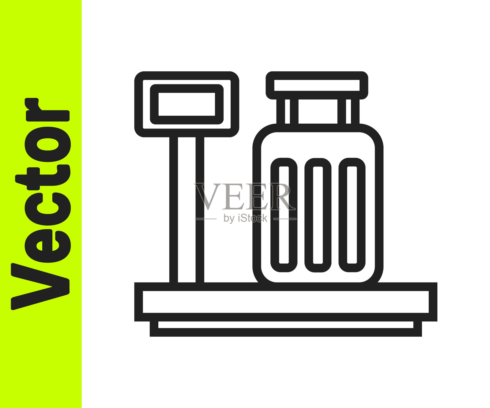 黑色线规模手提箱图标孤立在白色背景。物流和交付。快递包裹的重量。向量图标素材