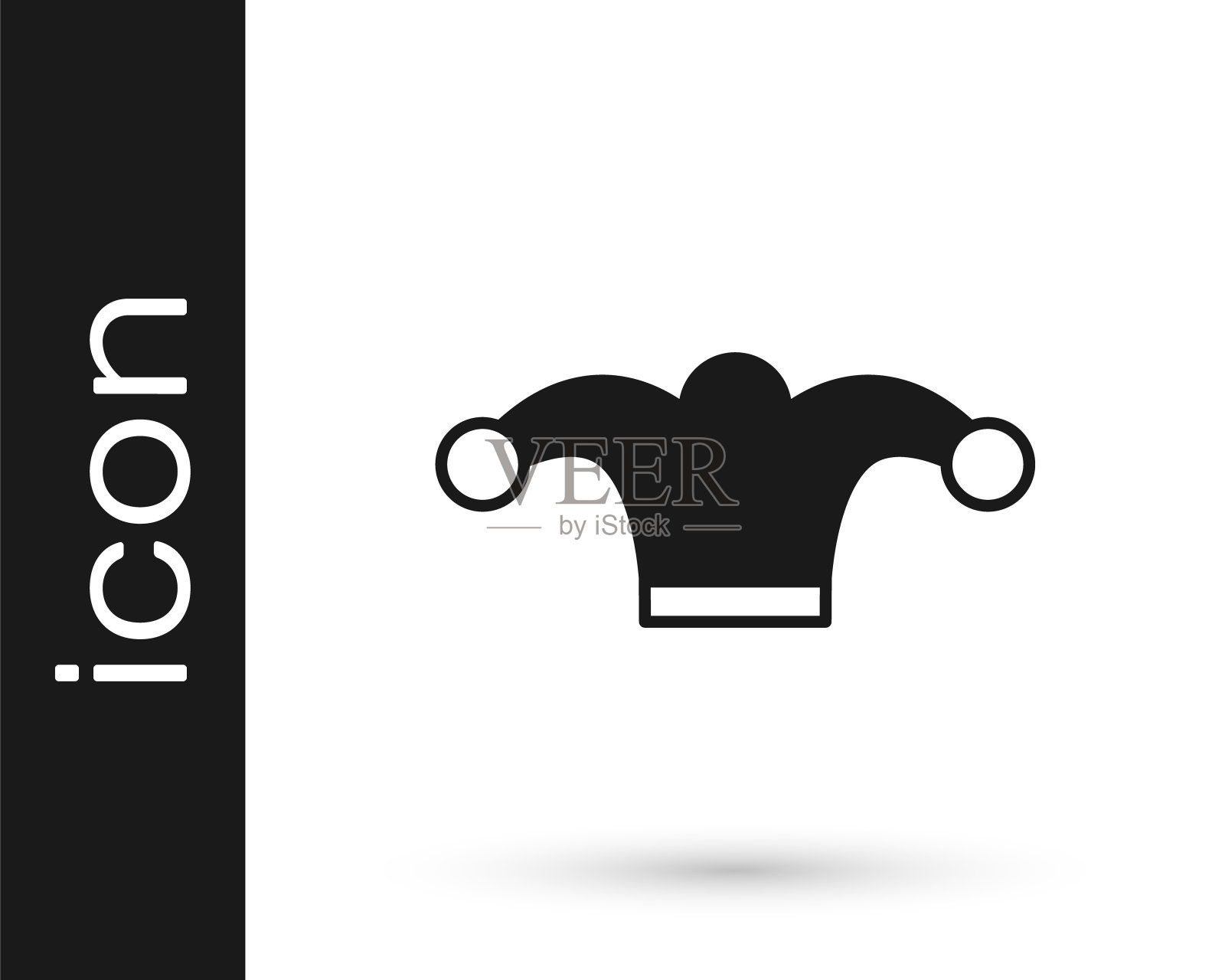 黑色小丑帽与铃铛孤立的白色背景。小丑图标。游乐园的滑稽手势。向量图标素材