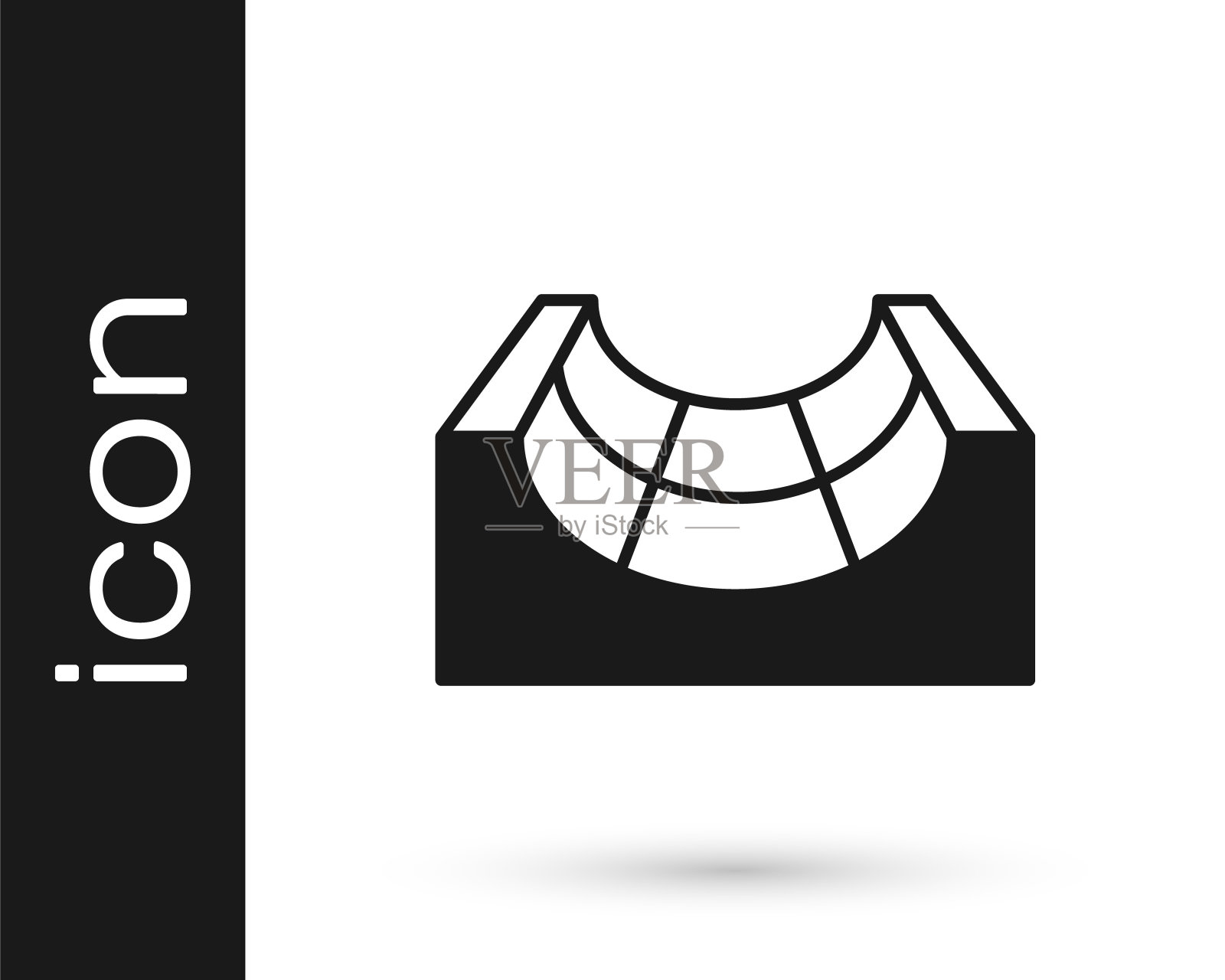 黑色滑板公园图标孤立在白色的背景。一组斜坡，滚轴，楼梯为滑板公园。极限运动。向量图标素材