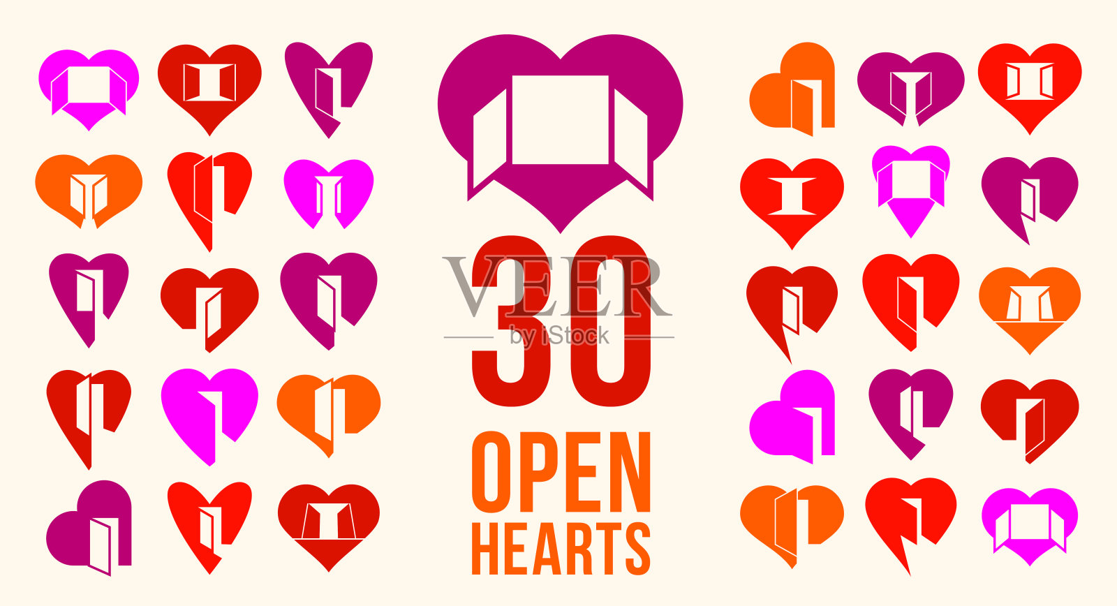 心打开与门向量简单的图标或标志设置，平面设计元素的概念是开放的新感觉，帮助援助和援助的想法，关怀和家庭。插画图片素材