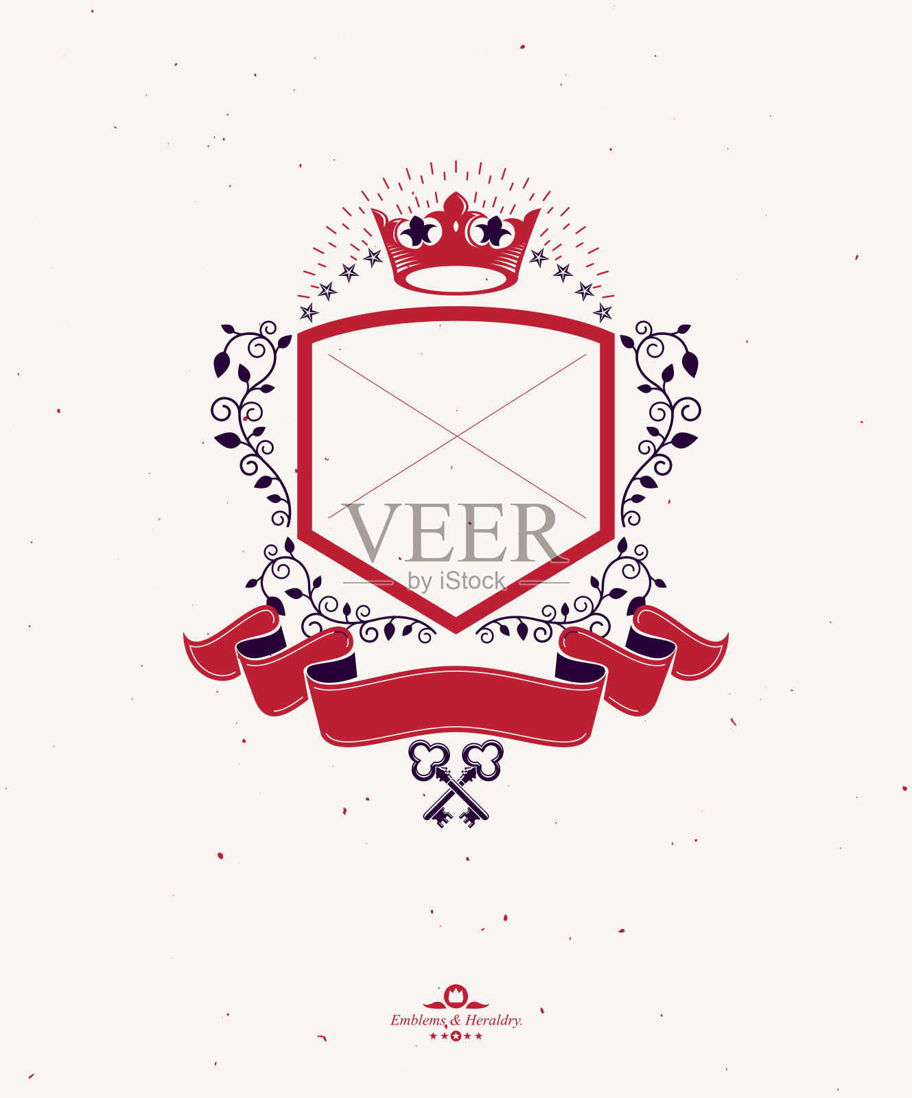 用皇冠和红色装饰丝带制成的图形徽章。纹章纹章，复古矢量标志。插画图片素材