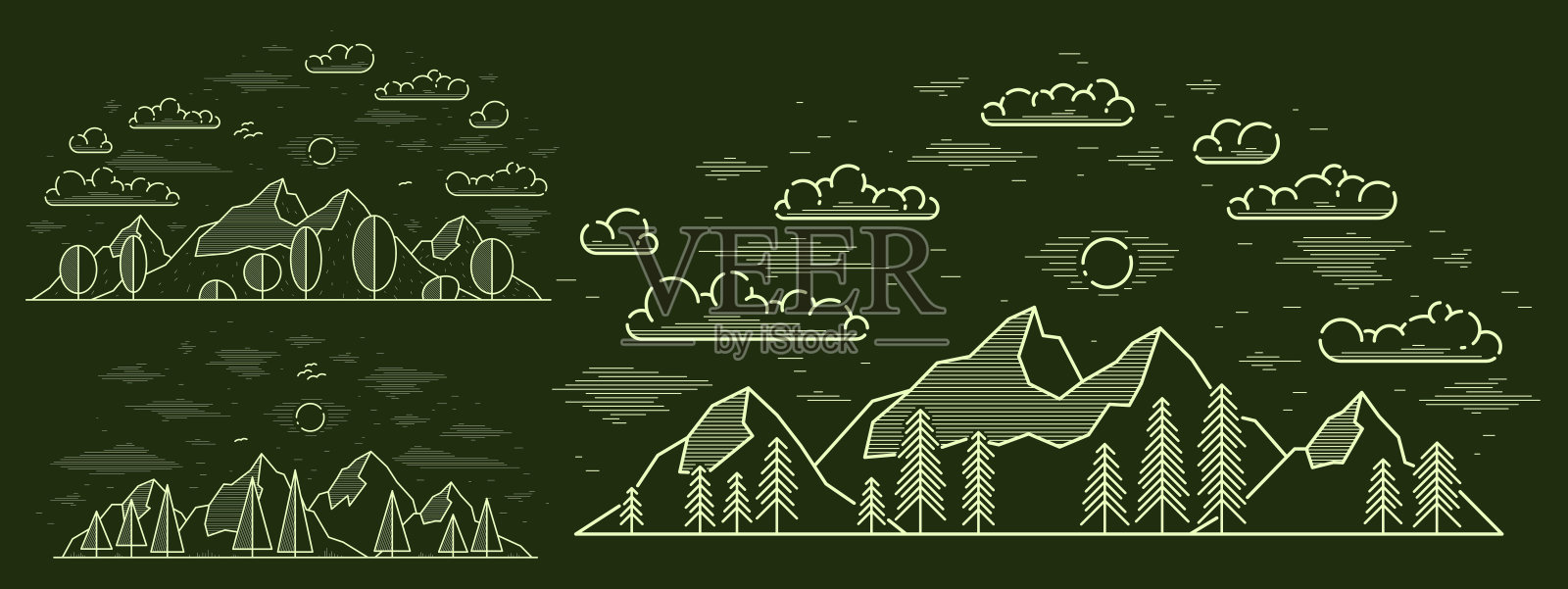 山峰和松树林线艺术矢量插图上暗，线性插图的山脉野生自然景观，户外徒步露营蚂蚁旅行的主题。插画图片素材