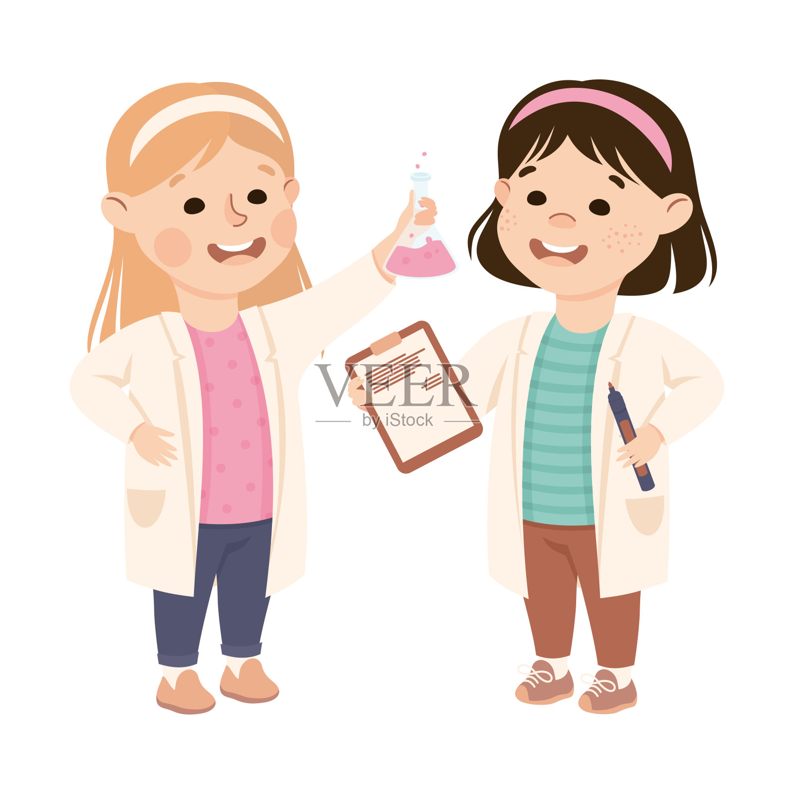 可爱的女孩在实验室大褂上化学课，小学生在学习过程，儿童教育概念卡通矢量插图插画图片素材