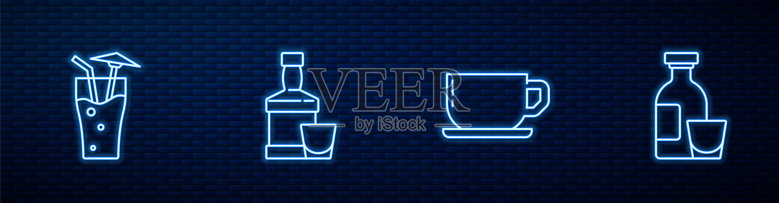 咖啡杯，鸡尾酒，威士忌酒瓶和玻璃杯和酒精饮料朗姆酒。砖墙上发光的霓虹灯图标。向量插画图片素材