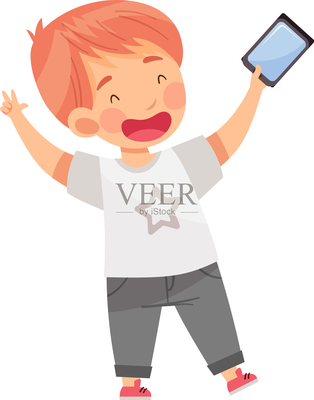 有趣的红发男孩拿着智能手机插画图片素材