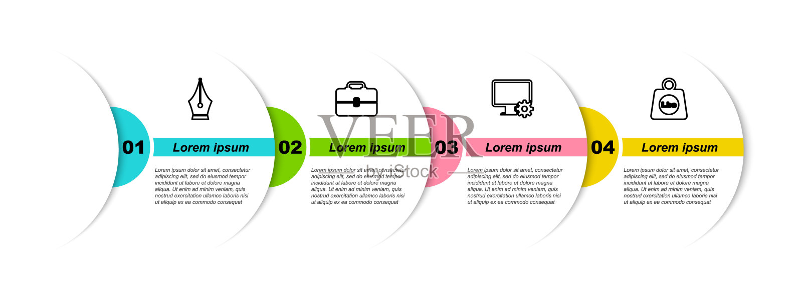 钢笔笔尖，工具箱，电脑显示器，齿轮和重量磅。业务信息模板。向量设计模板素材