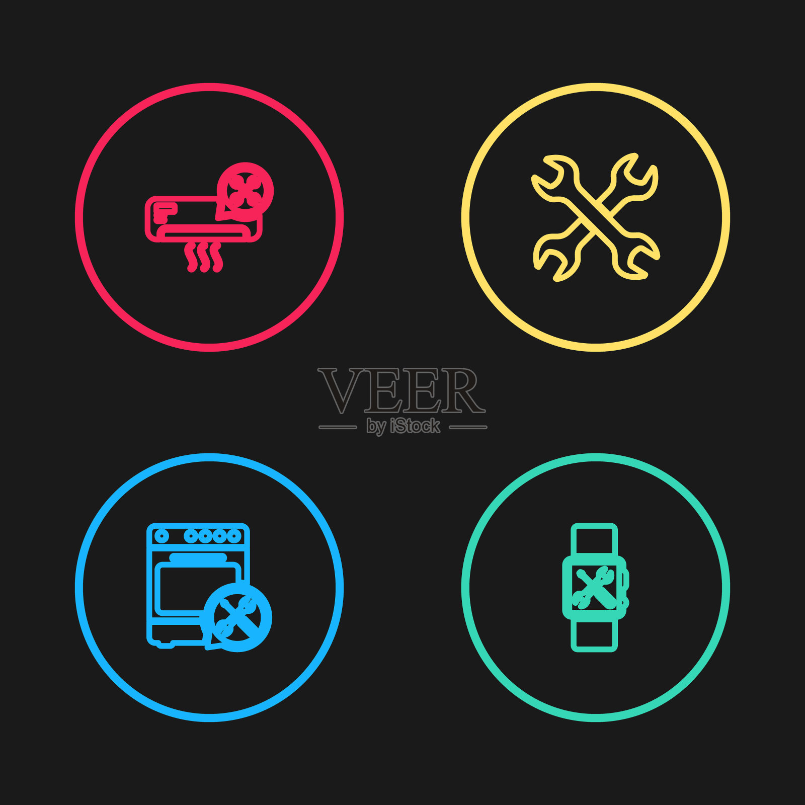 设置烤箱服务，智能手表，交叉扳手和空调图标。向量图标素材