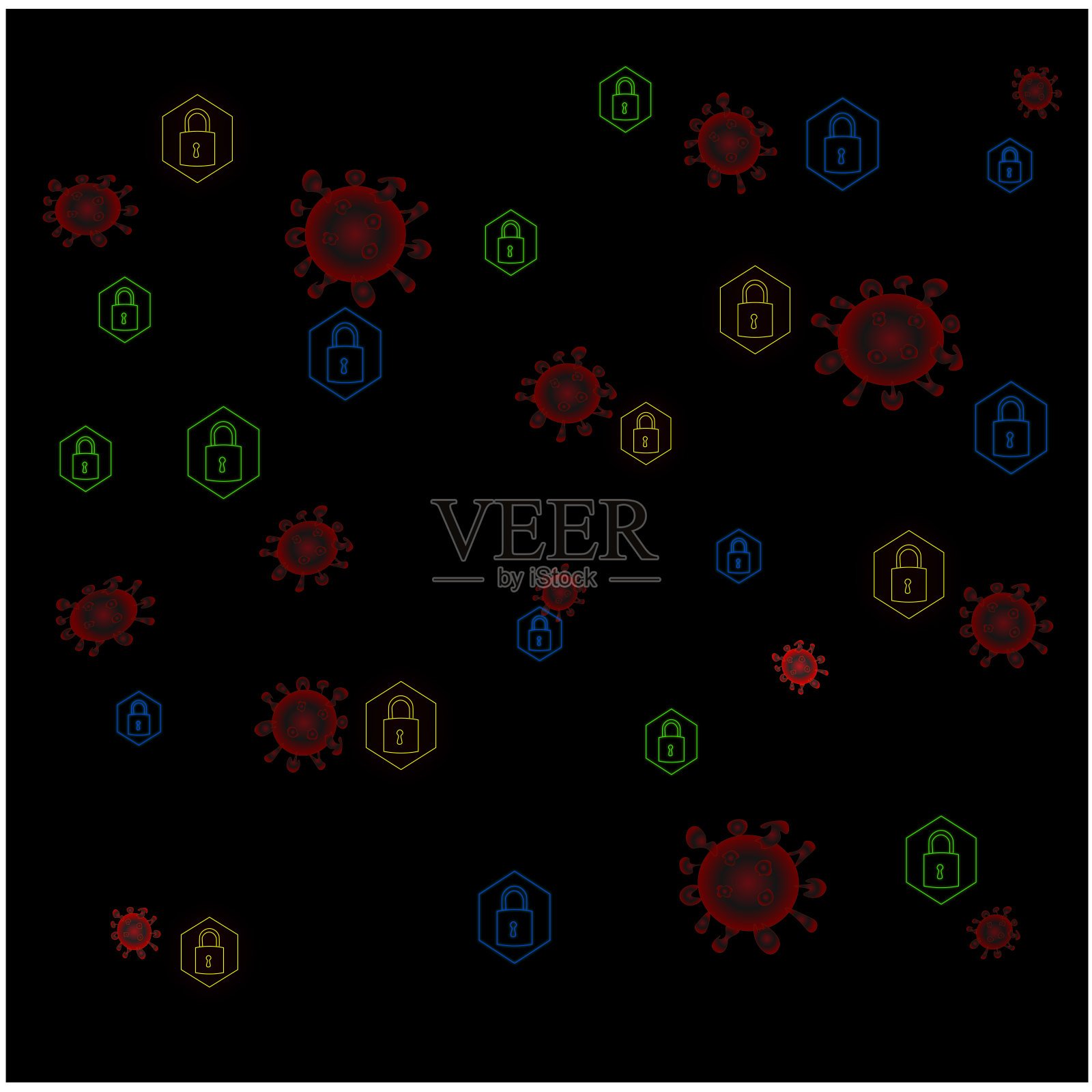 矢量插图未来的冠状病毒covid-19大流行锁概念与不同颜色的锁和病毒细胞在黑色背景概念安全预防和级别插画图片素材