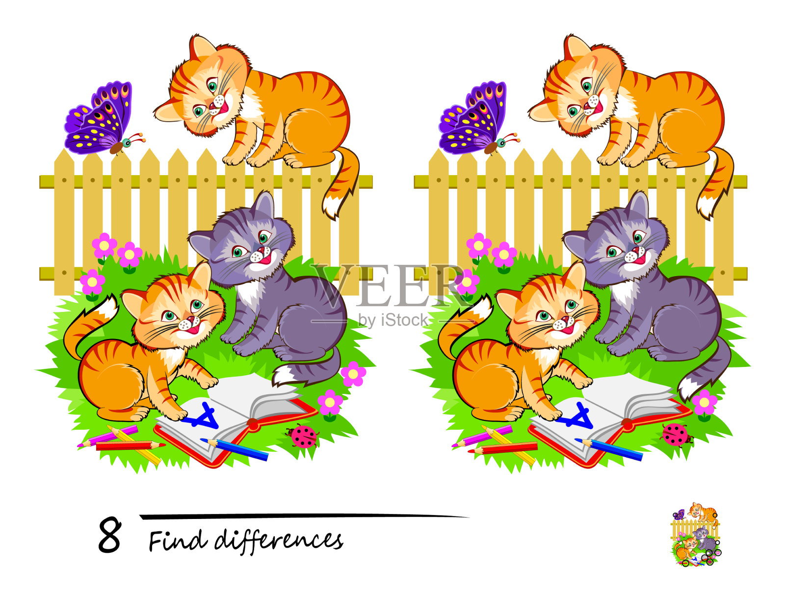 找出8个不同点3只小猫插画图片素材