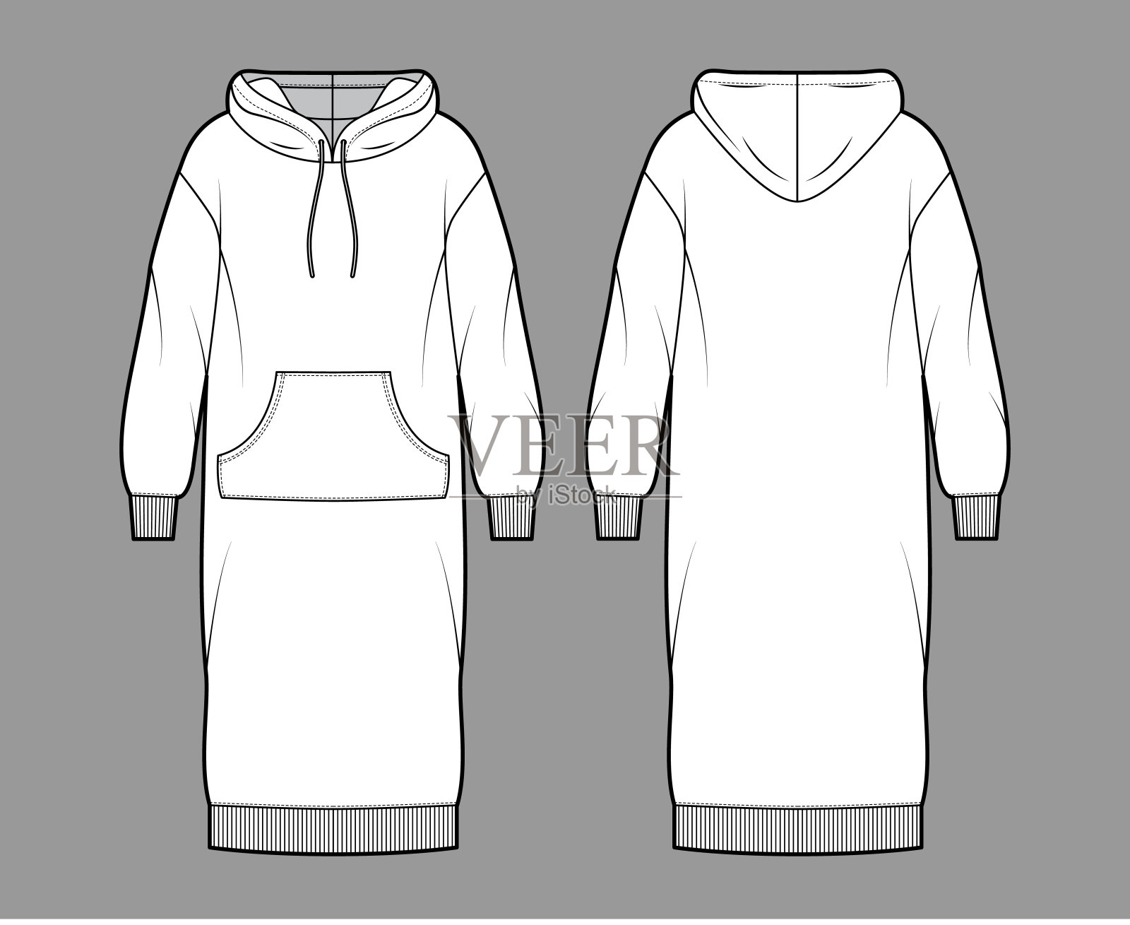 连衣裙连帽衫技术时尚插图与长袖，袋鼠袋，罗纹袖口超大的身体，及膝长裙插画图片素材