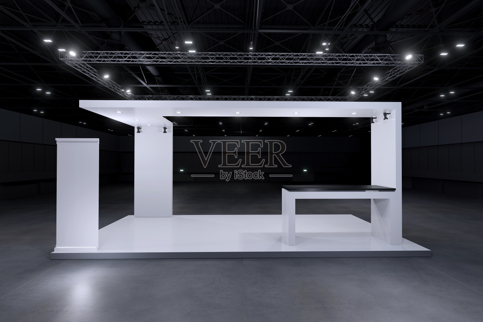 展览的实物模型和企业形象。展厅零售摊位设计元素。3d效果图。照片摄影图片