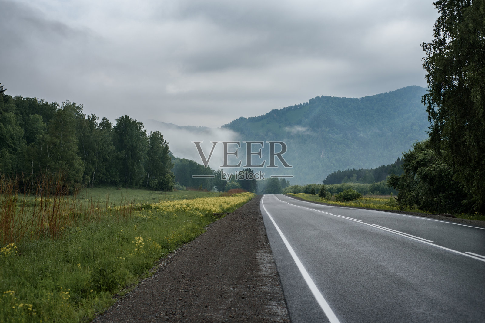 通往大雾山区的柏油路照片摄影图片