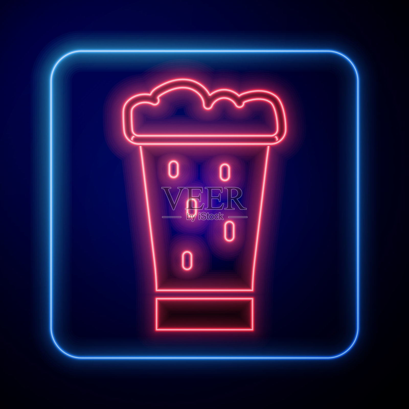 发光的霓虹灯玻璃啤酒图标孤立在蓝色插画图片素材