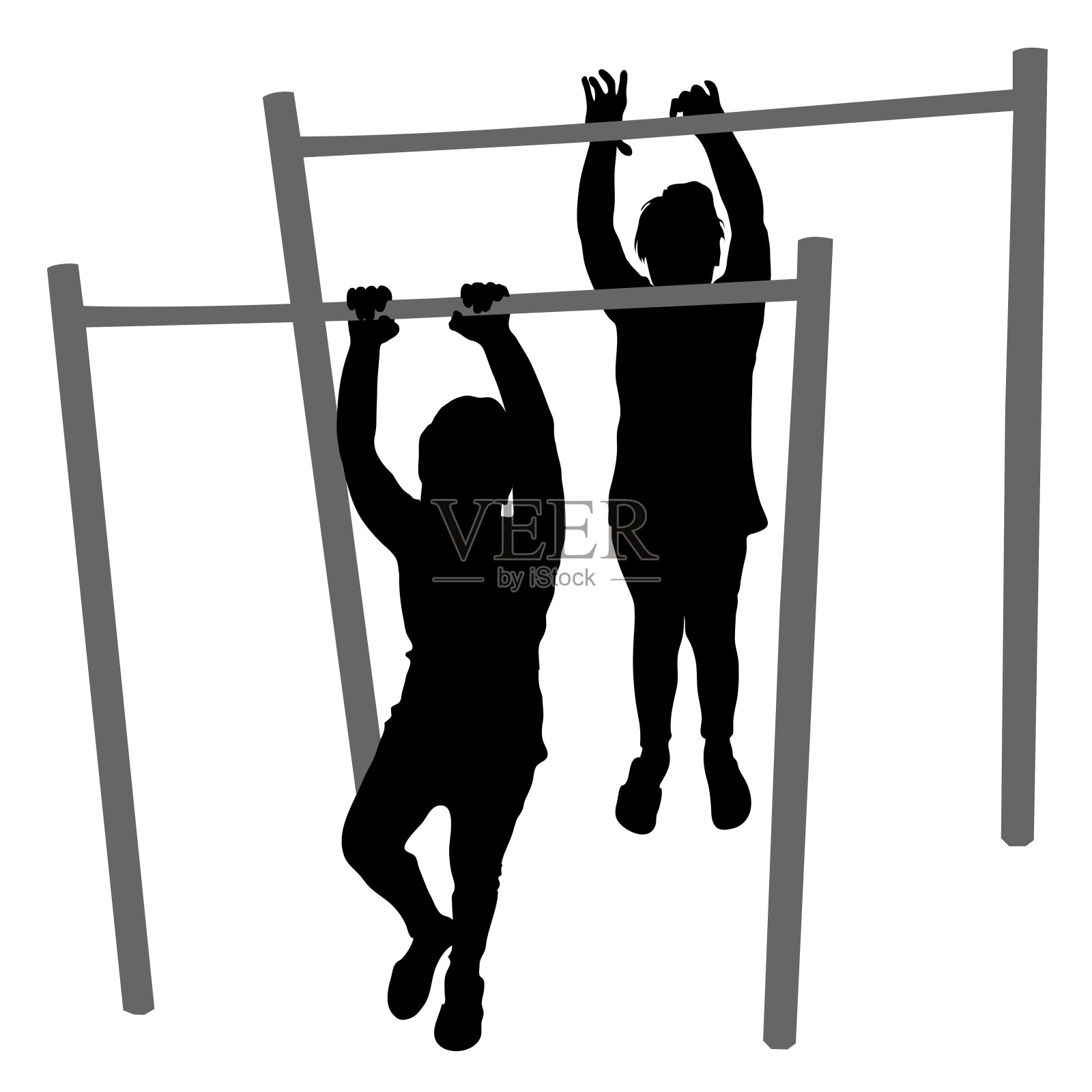 矢量剪影2个胖乎乎的小女孩，学龄前，孩子站在单杠上，双手举起，握住单杠。身体发展，教育，生活方式。孤立的白色背景。设计元素图片