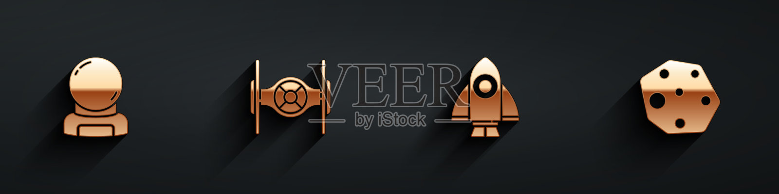 设置宇航员头盔宇宙飞船火箭和图标素材