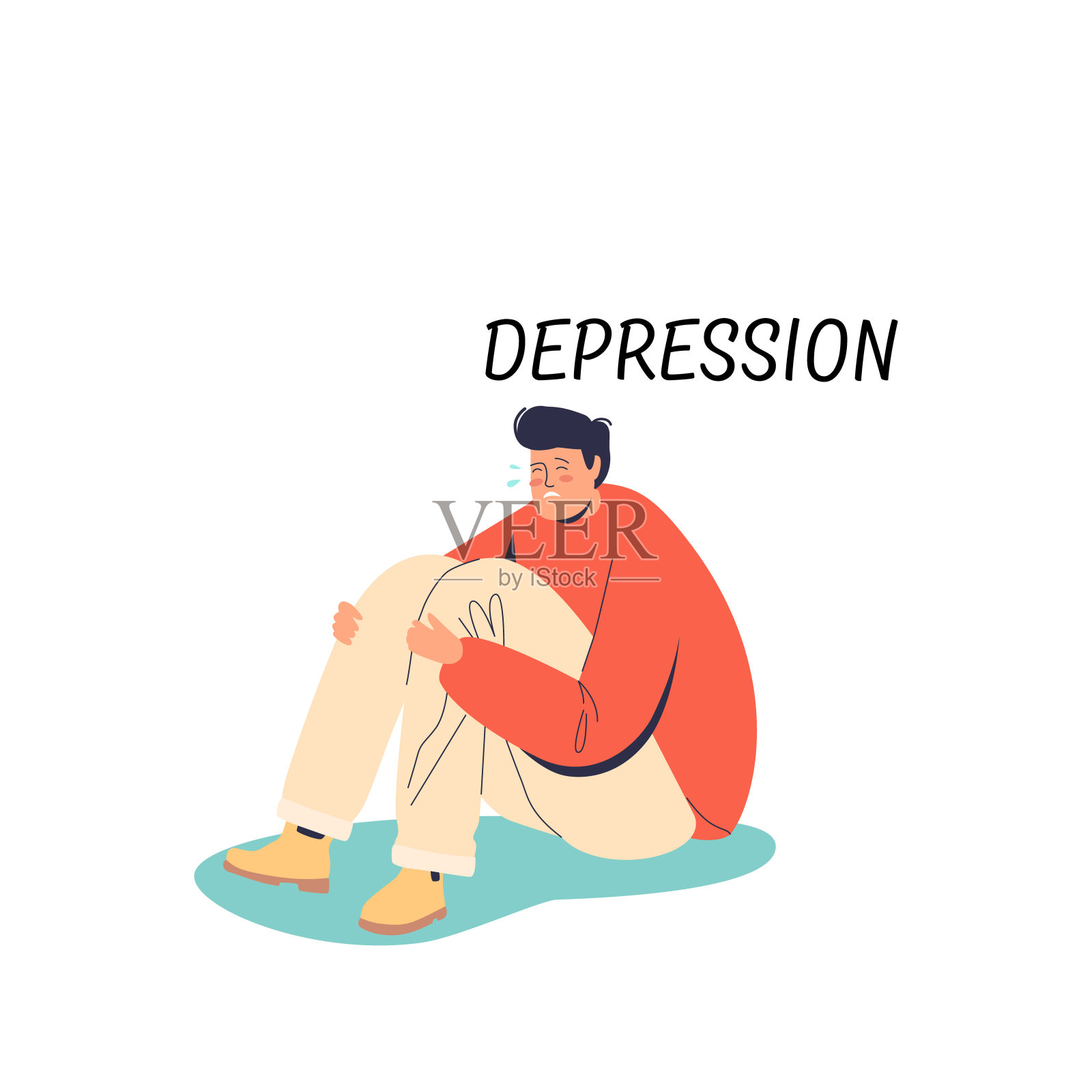 孤独焦虑的人在地板上。抑郁接受阶段。强调绝望的男性卡通人物设计元素图片