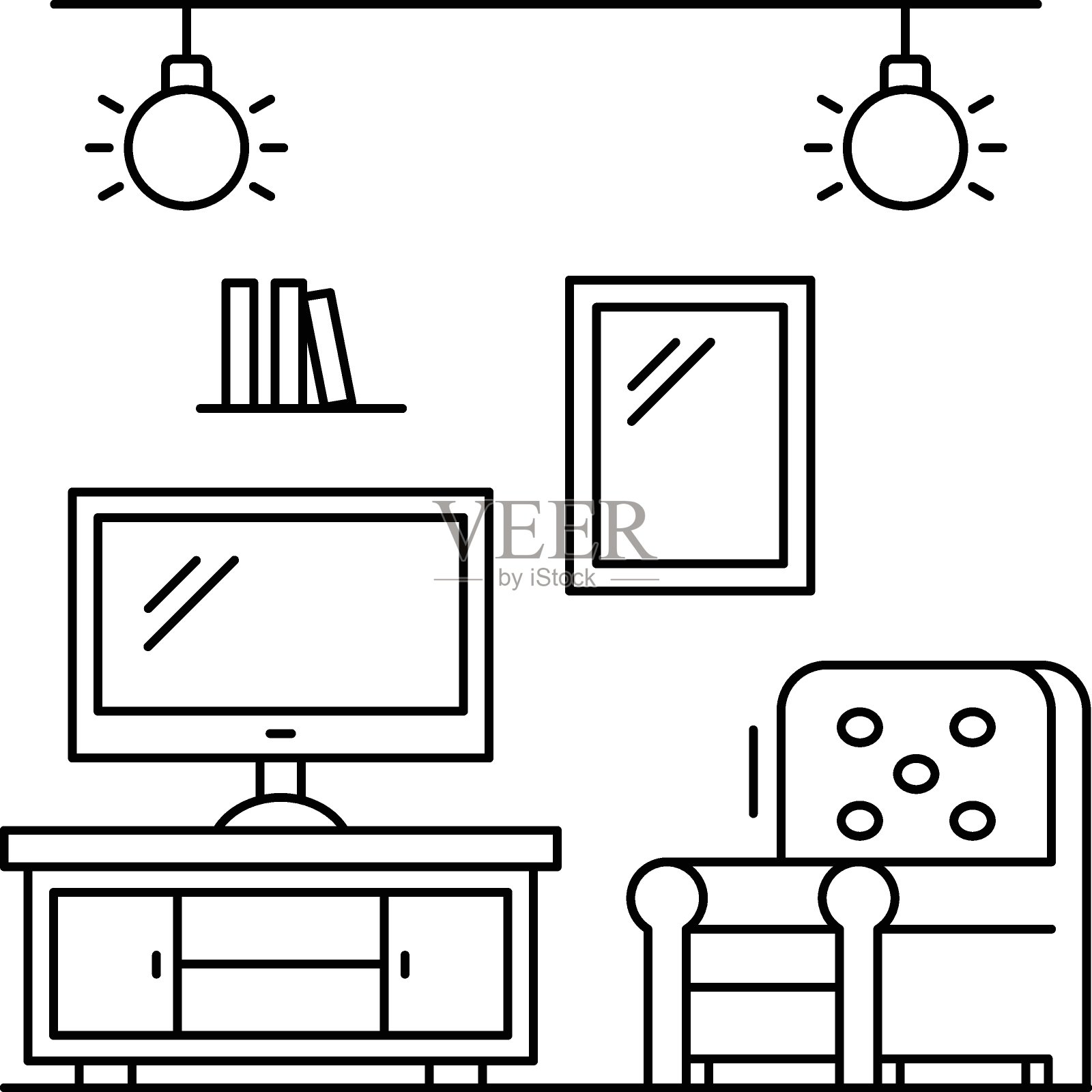 客厅与椅子和液晶概念，舒适与悬挂灯家居室内矢量字形图标设计，小客厅布局符号，家庭和办公室装饰元素在白色背景插画图片素材