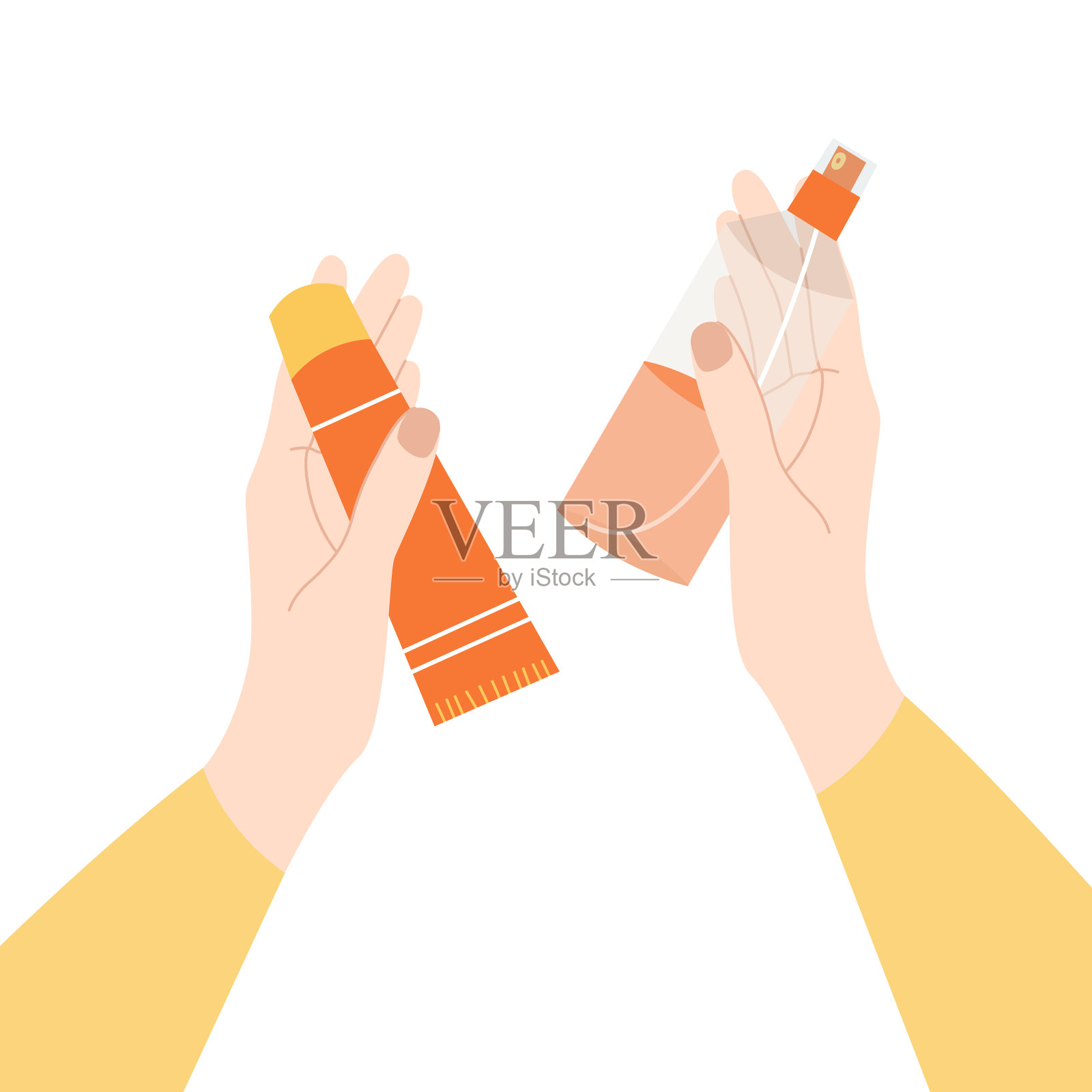 女性手握防晒产品在不同的瓶子。防晒霜，油，凝胶，保湿霜，喷雾。防紫外线、防晒护肤。矢量平面卡通插图插画图片素材